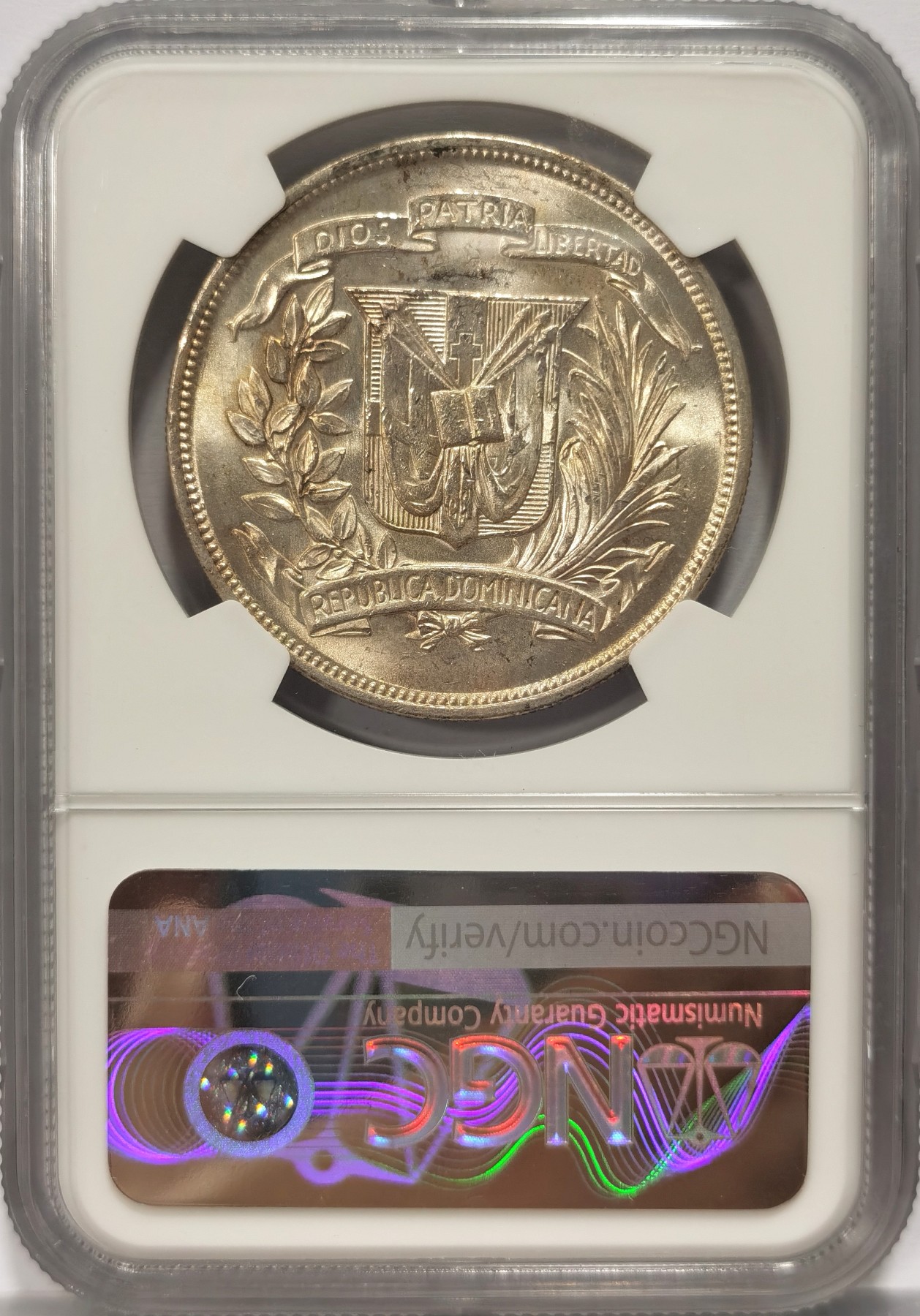 博洋堂世界钱币拍卖第047期（全场包邮） NGC MS61 多米尼加1952年女神1比索大银币 流通版币最后一年，低评，美洲币热门品种