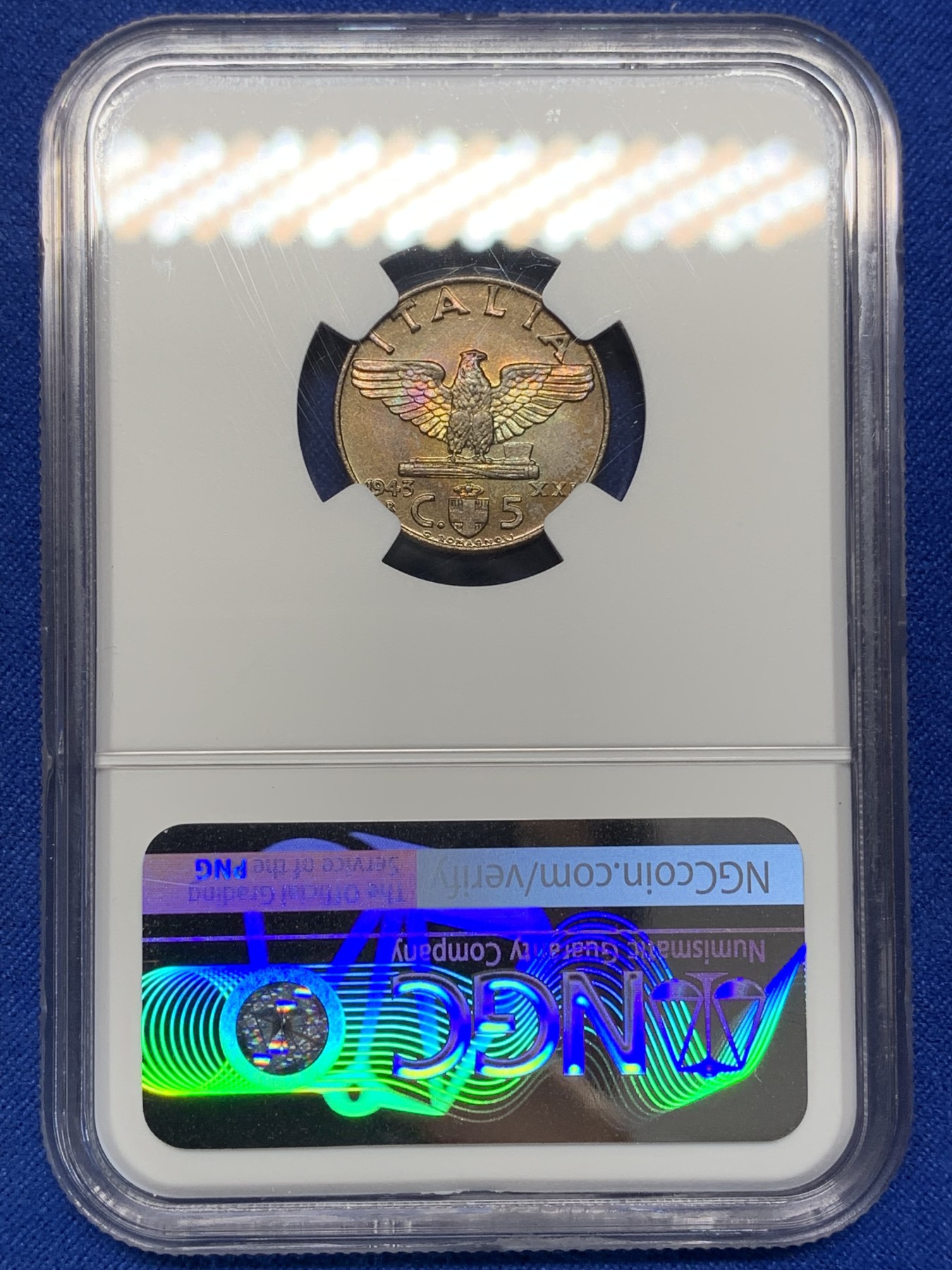《竞宝斋》第205场-周日，周一 2场 (全场包邮) NGC MS64BN 意大利1943年5分特年 R级难度 鹰面带彩虹包浆