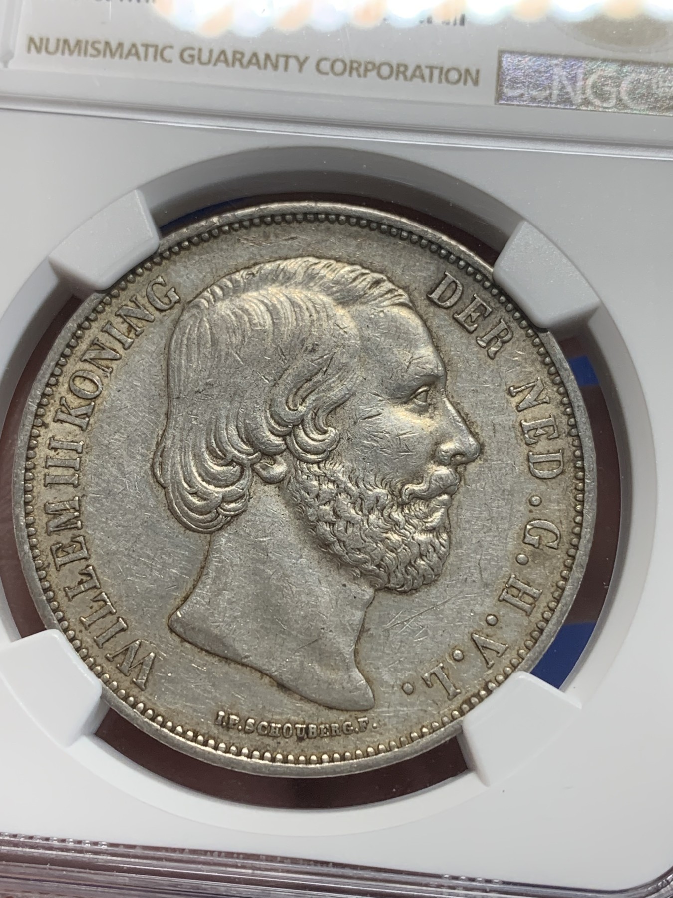 《竞宝斋》第205场-周日，周一 2场 (全场包邮) NGC-AU53 荷兰1868年 威廉三世 2.5盾 大银币 难得出分美品