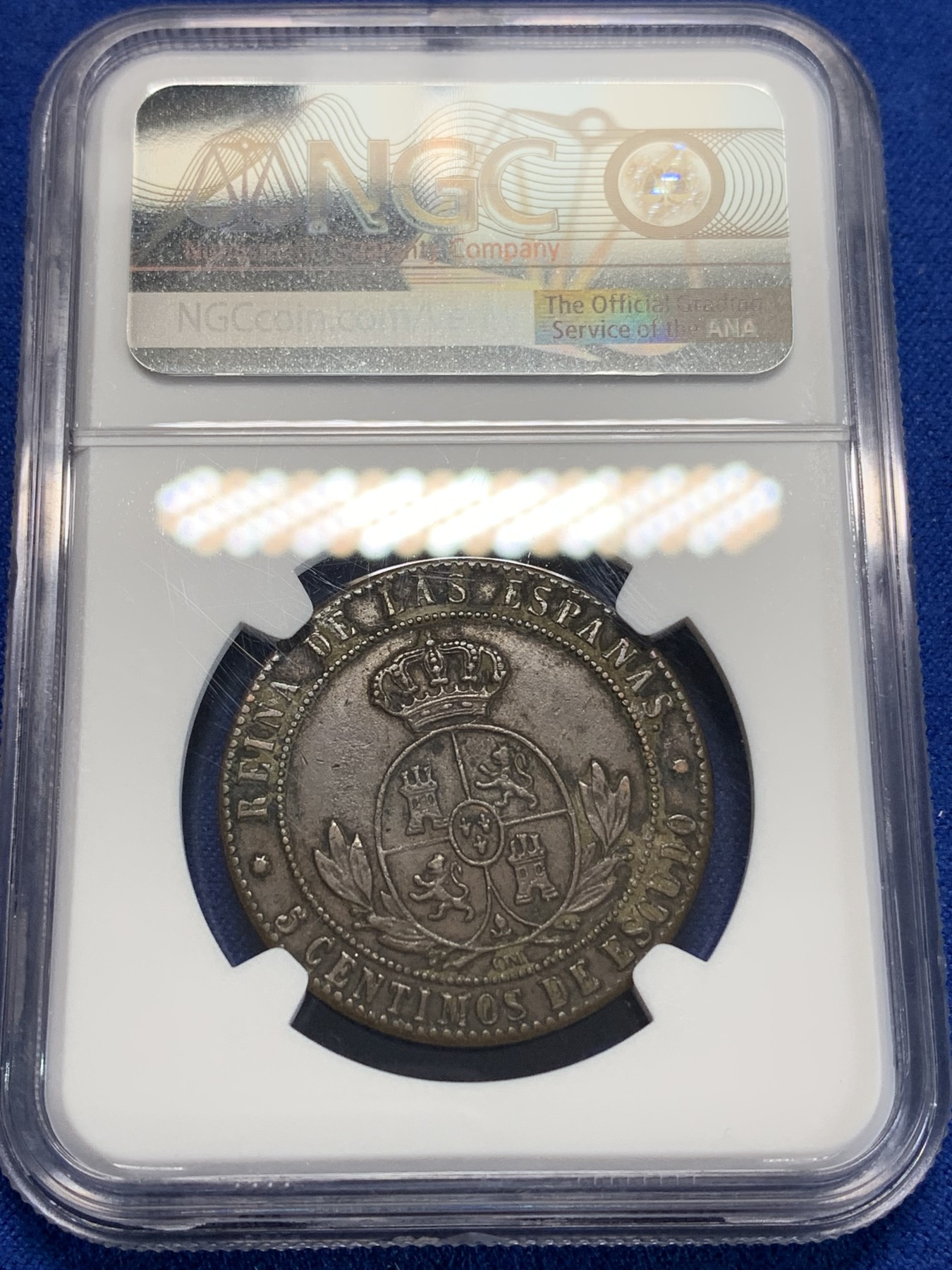 《竞宝斋》第205场-周日，周一 2场 (全场包邮) NGC XFD 1868年西班牙5C铜币 猪头妹大铜币非常少见