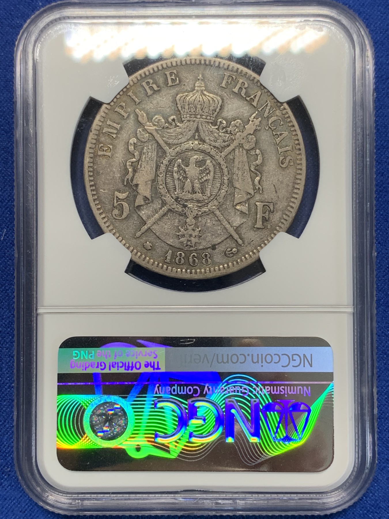 《竞宝斋》第205场-周日，周一 2场 (全场包邮) NGC VFD 1868年法国拿三5法郎银币 细节见图