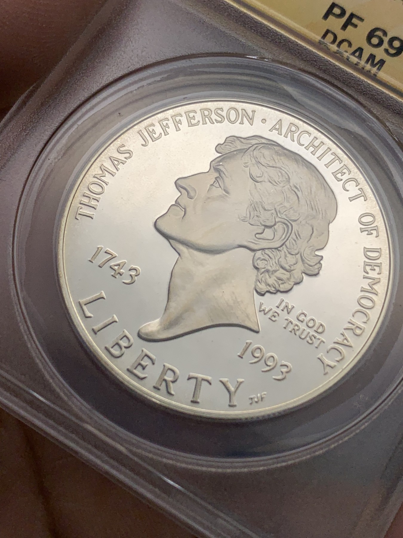 《竞宝斋》第205场-周日，周一 2场 (全场包邮) ANACS-PF69 美国1993年杰斐逊总统诞辰250周年纪念精制银币