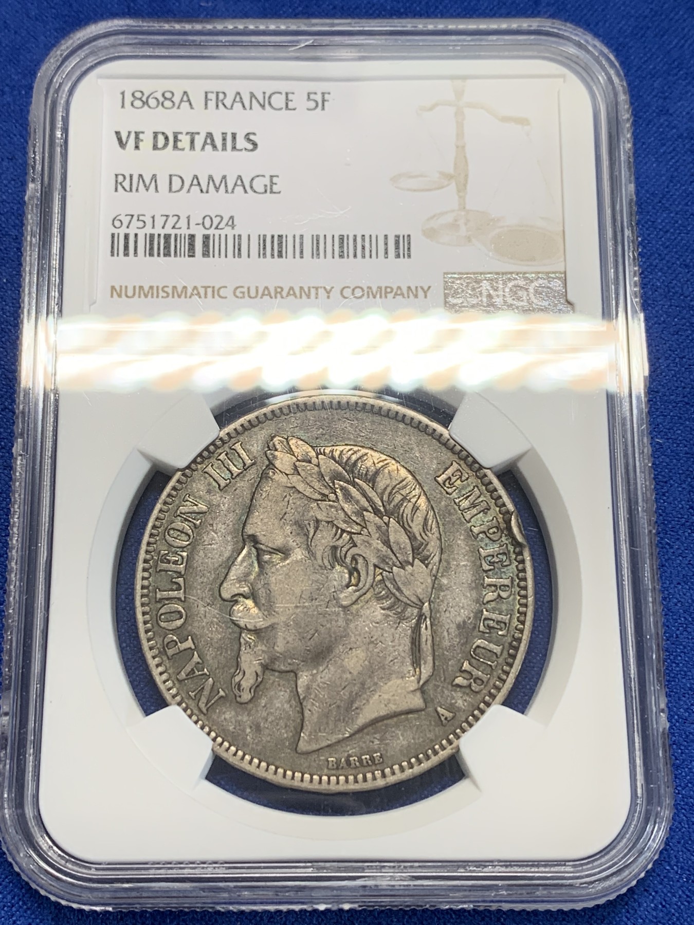 《竞宝斋》第205场-周日，周一 2场 (全场包邮) NGC VFD 1868年法国拿三5法郎银币 细节见图