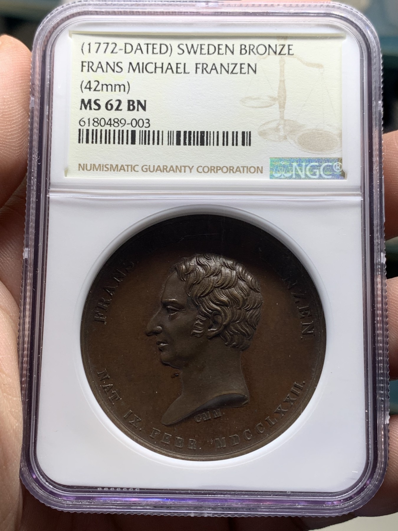 《竞宝斋》第205场-周日，周一 2场 (全场包邮) NGC MS62 瑞典1772诗人弗兰森纪念铜章 加厚盒高浮雕巧克力色