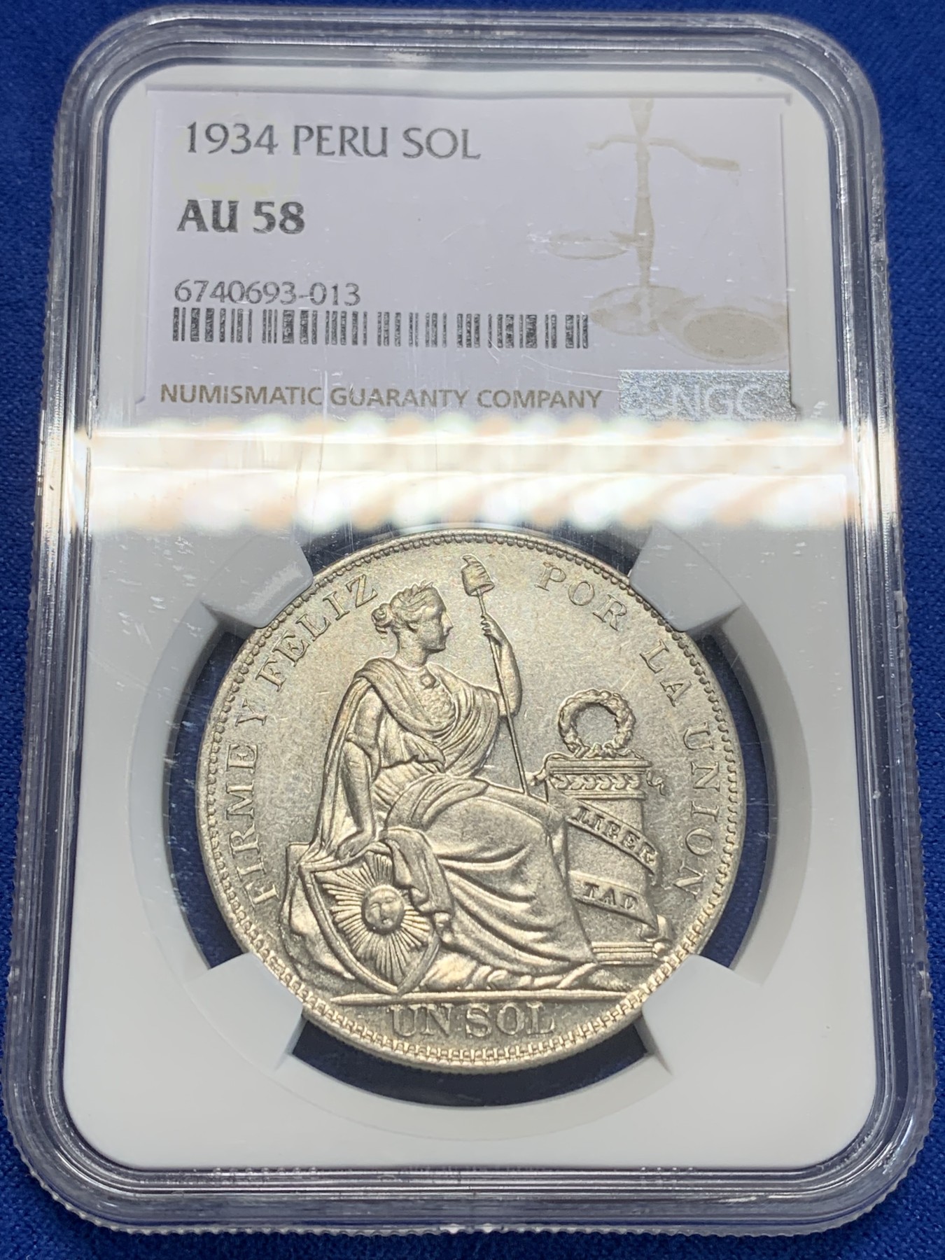 《竞宝斋》第205场-周日，周一 2场 (全场包邮) NGC-AU58 秘鲁 1934年 座人 1索尔 银币 细节不错 低评