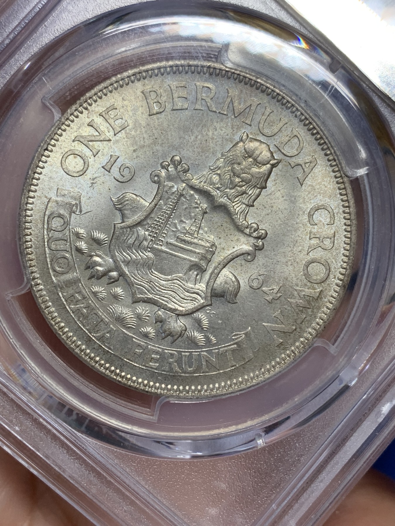 《竞宝斋》第205场-周日，周一 2场 (全场包邮) PCGS-MS65 1964年英属百慕大群岛克朗银币