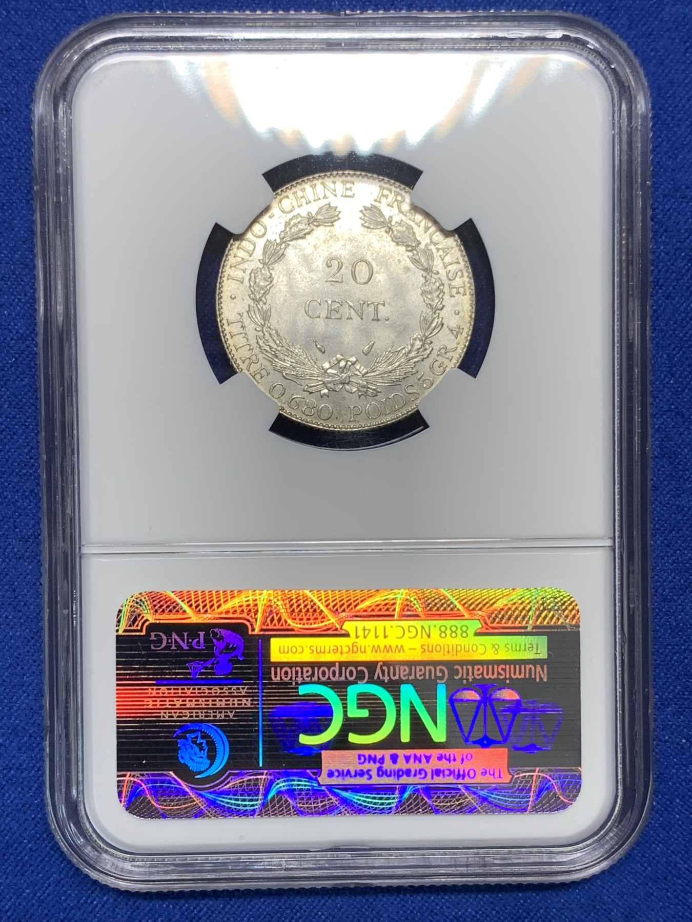 《竞宝斋》第205场-周日，周一 2场 (全场包邮) NGC-MS64 1937年 法属印度支那20分银币 两面肉眼几乎看不到一丝擦痕 老盒重评有惊喜呀