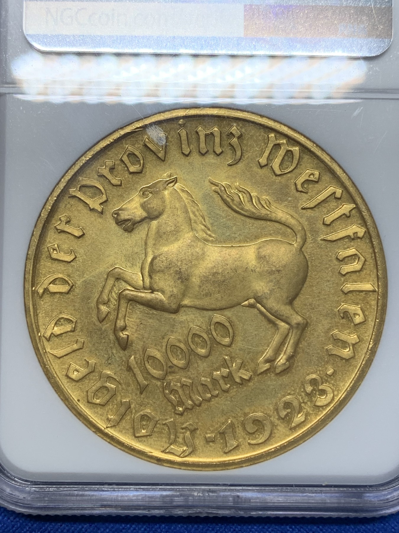 《竞宝斋》第205场-周日，周一 2场 (全场包邮) NGC MS64 德国1923年威斯特法伦10000马克大马币，高分金光，镀金完整