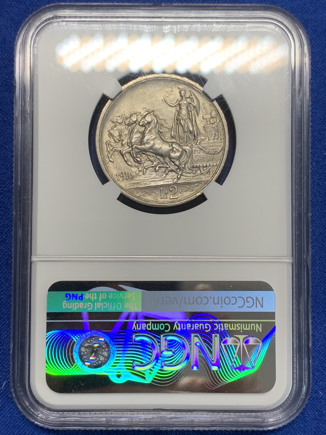 《竞宝斋》第205场-周日，周一 2场 (全场包邮) NGC-MS62 意大利1916-R 女神马车 2里拉银币