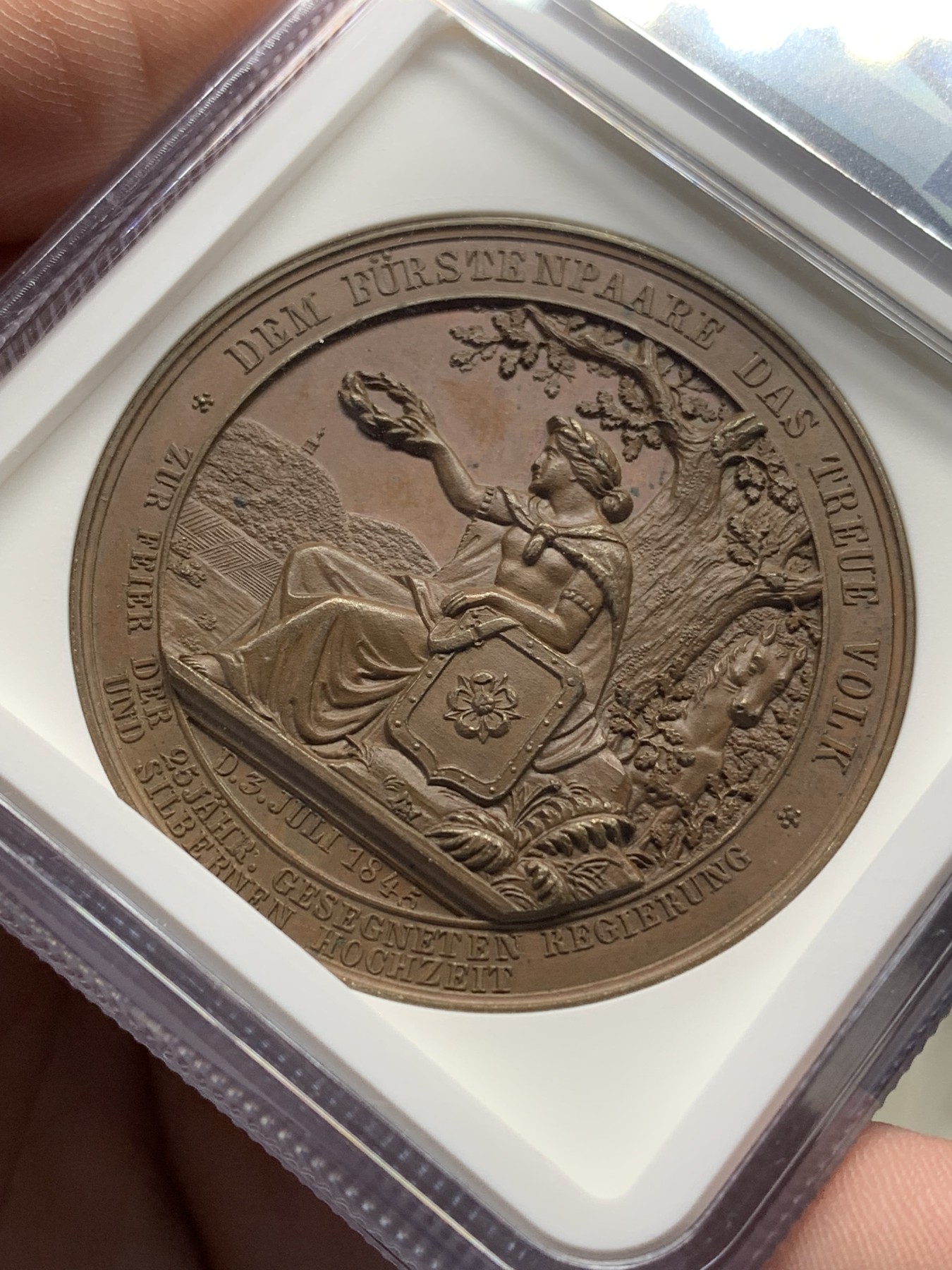 《竞宝斋》第205场-周日，周一 2场 (全场包邮) NGC MS61 德国 1845 利奥波德与洛伦兹婚礼纪念大铜章 巧克力包浆 加厚盒装