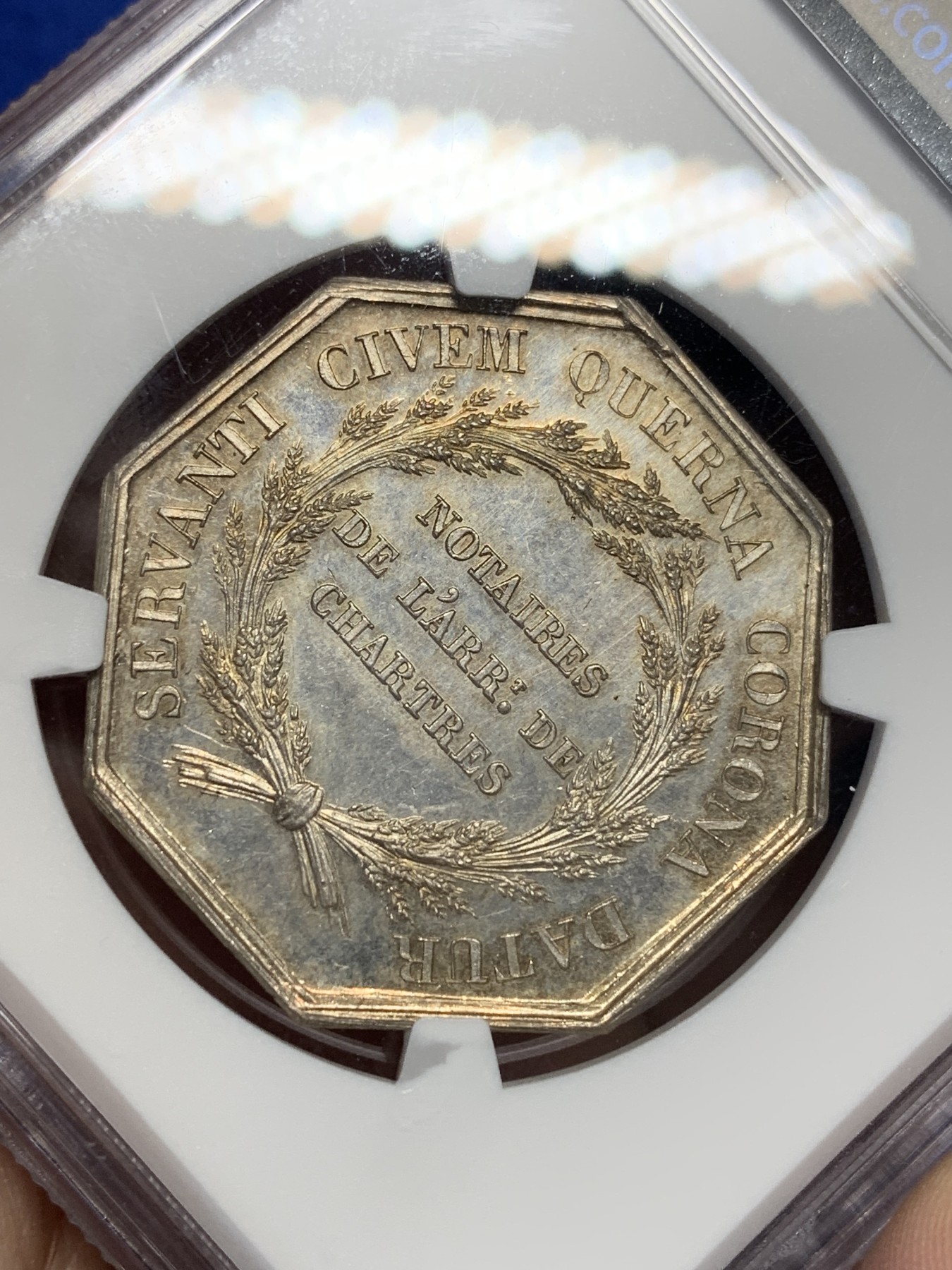 《竞宝斋》第205场-周日，周一 2场 (全场包邮) NGC MS63 法国 特许公证处 银质八角代币 状态好 权威庄严