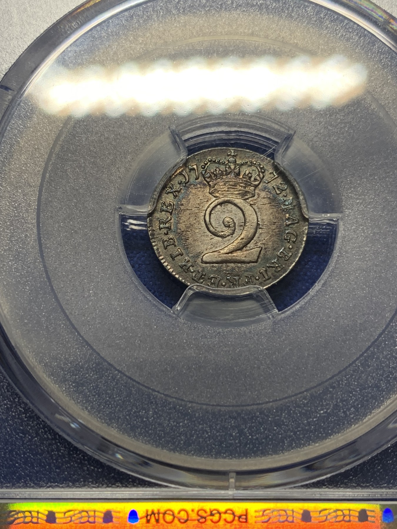 《竞宝斋》第205场-周日，周一 2场 (全场包邮) PCGS AU58 英国1772年乔治三世2便士银币，五彩，细节好