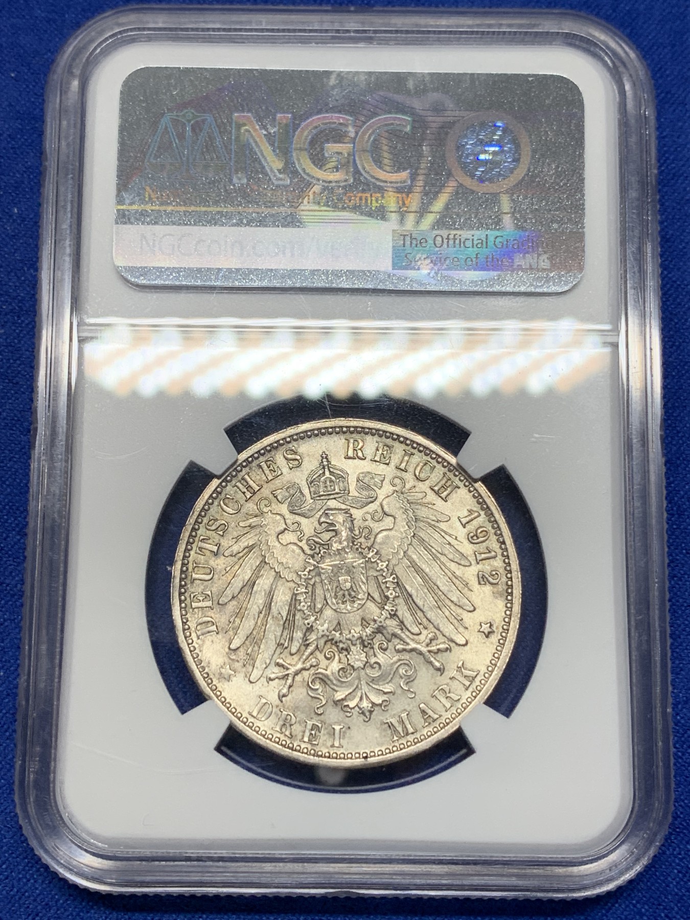 《竞宝斋》第205场-周日，周一 2场 (全场包邮) NGC-MS62 德国 1912年 符腾堡 威廉二世 3马克 银币 少见品种 裸币基本都是普品 少见ms