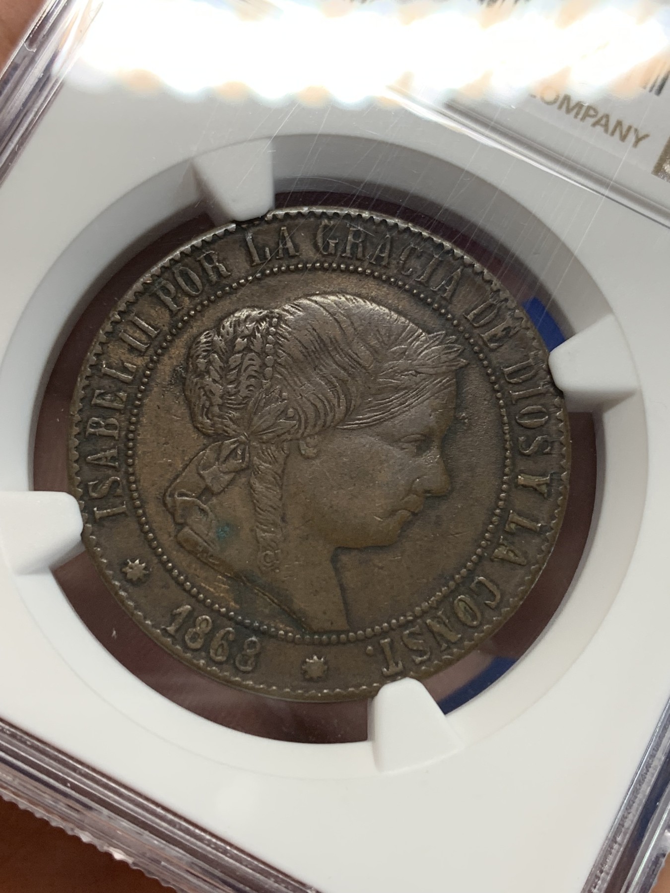 《竞宝斋》第205场-周日，周一 2场 (全场包邮) NGC XFD 1868年西班牙5C铜币 猪头妹大铜币非常少见