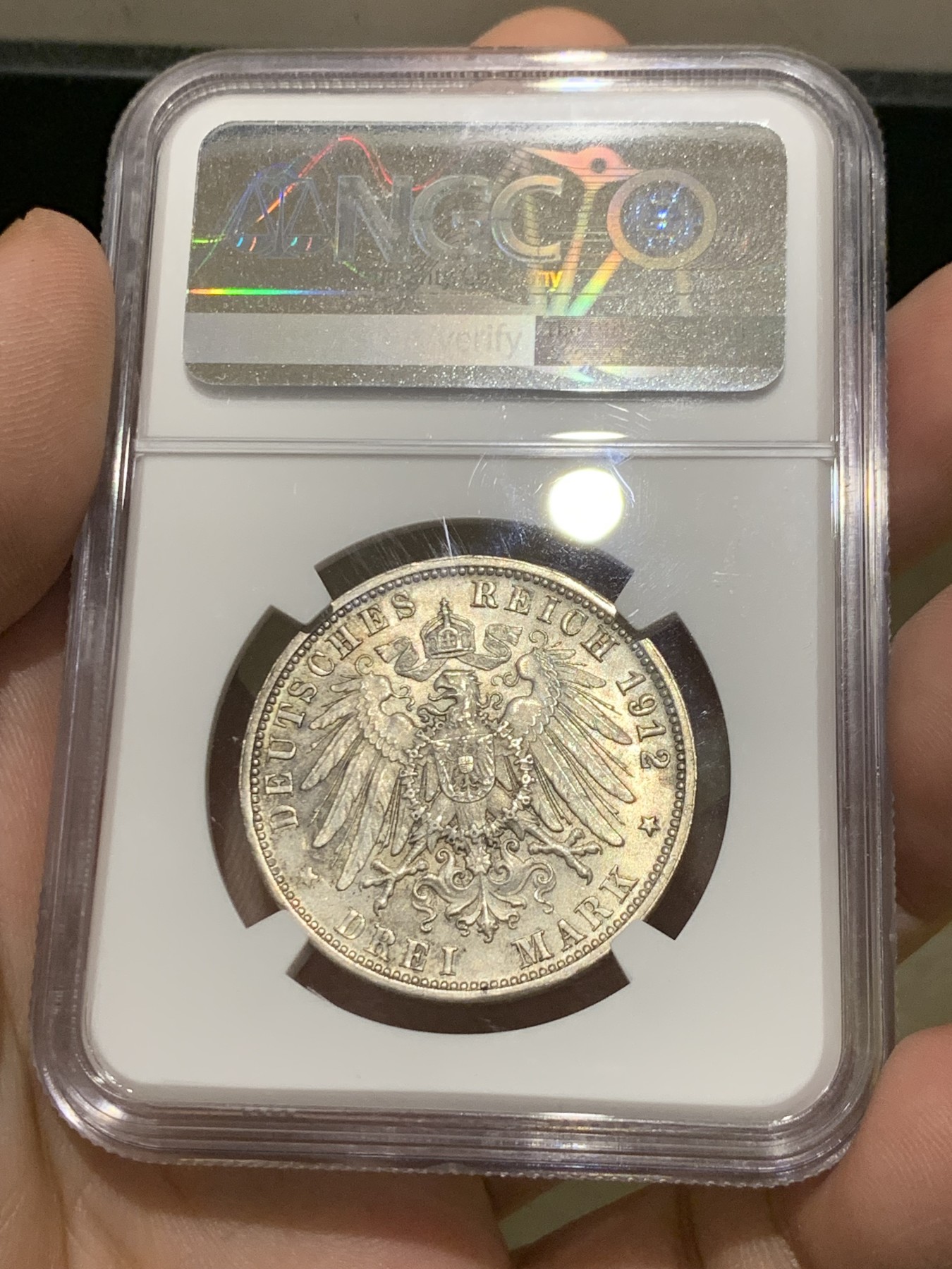 《竞宝斋》第205场-周日，周一 2场 (全场包邮) NGC-MS62 德国 1912年 符腾堡 威廉二世 3马克 银币 少见品种 裸币基本都是普品 少见ms