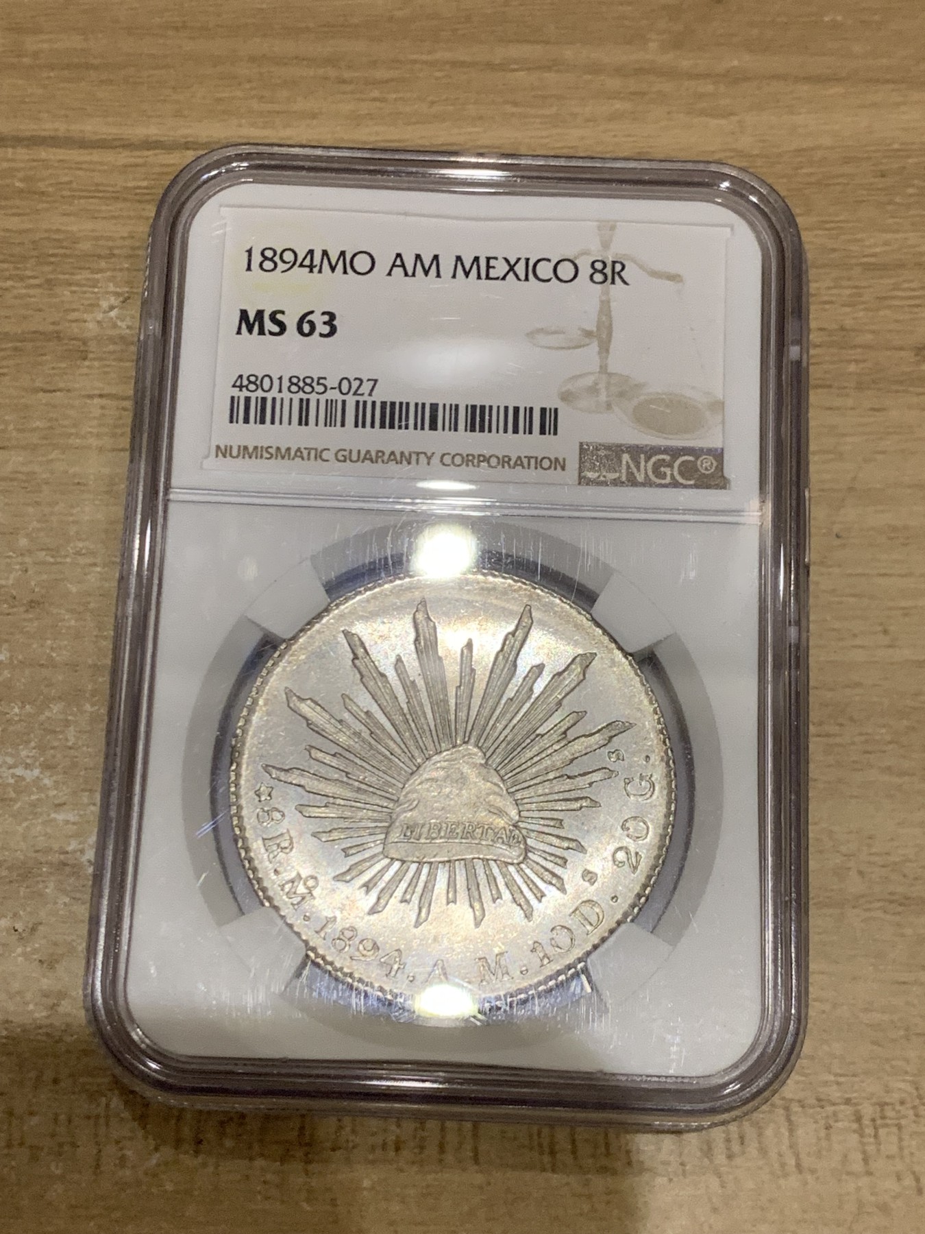 《竞宝斋》第205场-周日，周一 2场 (全场包邮) NGC-MS63 墨西哥1894年MO AM版 花边鹰洋8R 品相好