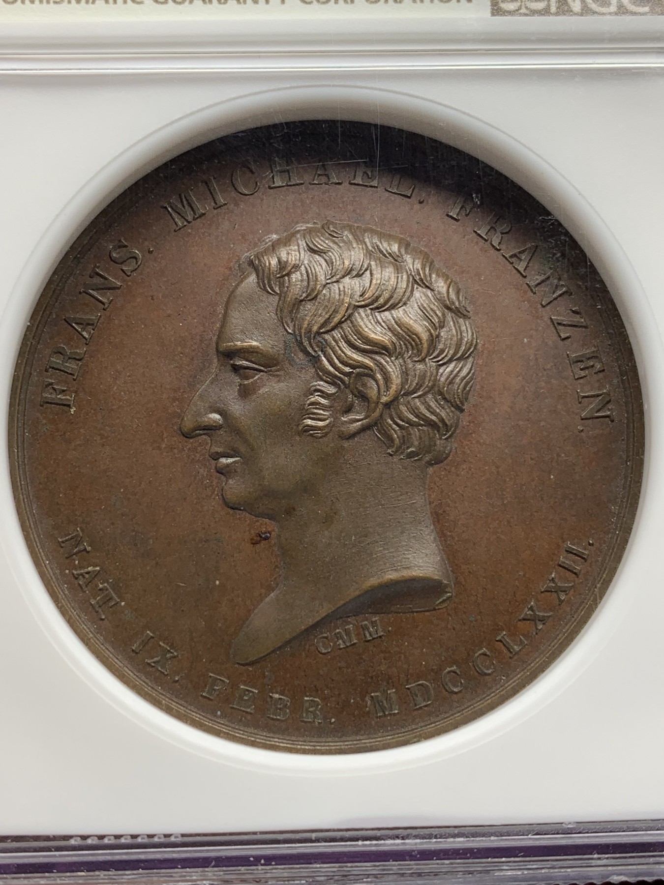 《竞宝斋》第205场-周日，周一 2场 (全场包邮) NGC MS62 瑞典1772诗人弗兰森纪念铜章 加厚盒高浮雕巧克力色