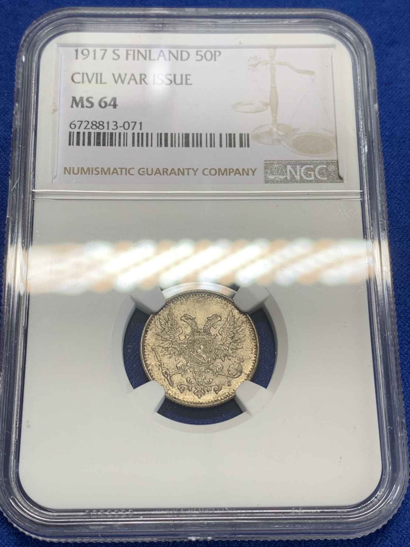 《竞宝斋》第205场-周日，周一 2场 (全场包邮) NGC MS64 俄占芬兰 1917年50芬尼银币 高分品种