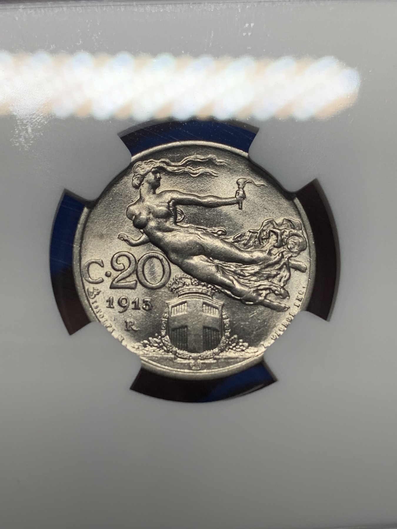 《竞宝斋》第205场-周日，周一 2场 (全场包邮) NGC AU58 意大利1913年20分小飞人镍币 早期年份 500来的裸币随缘拍