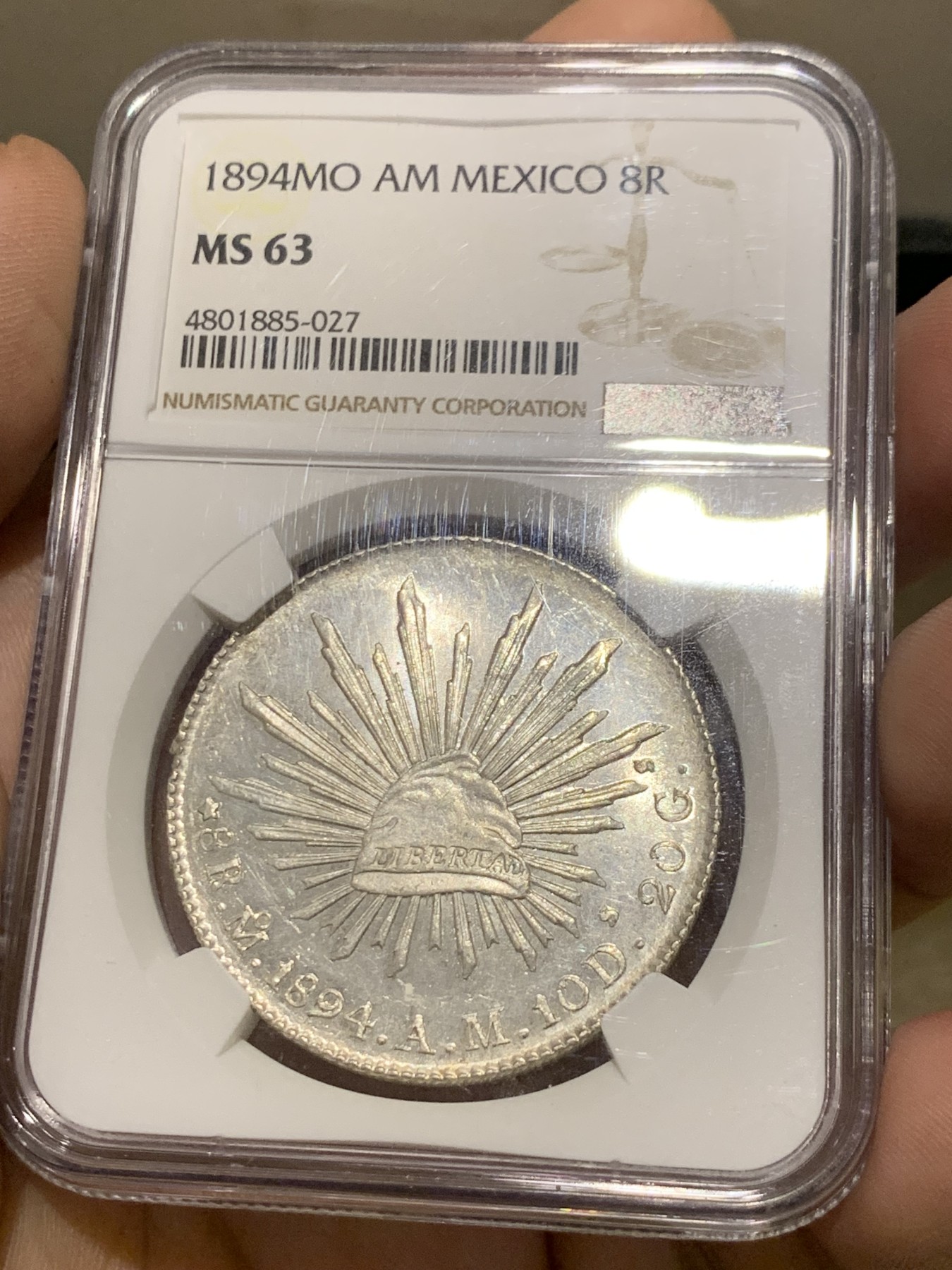 《竞宝斋》第205场-周日，周一 2场 (全场包邮) NGC-MS63 墨西哥1894年MO AM版 花边鹰洋8R 品相好