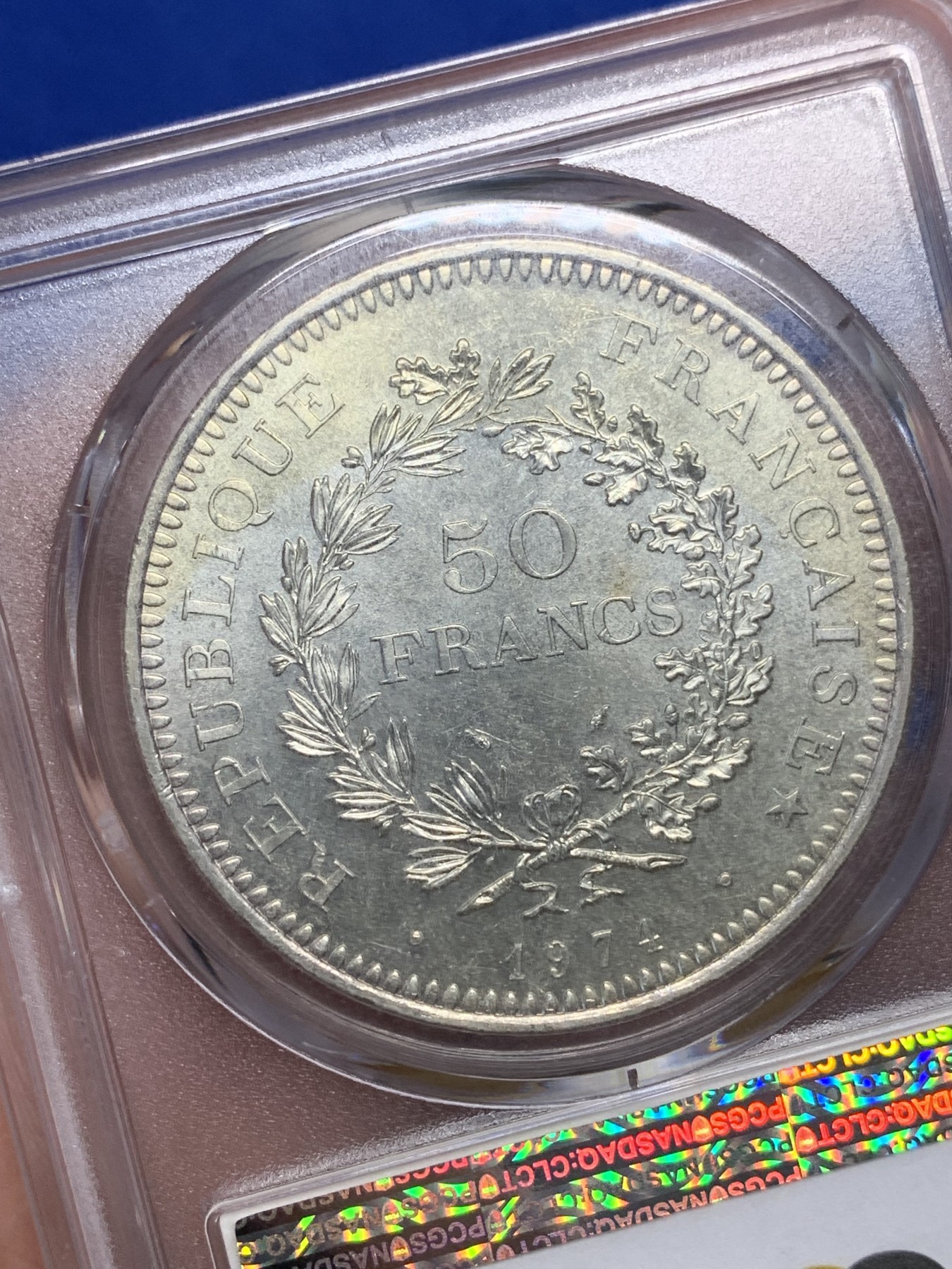 《竞宝斋》第205场-周日，周一 2场 (全场包邮) PCGS MS66 1974年法国大力神50法郎银币 30克首年大银 比10法郎大一圈 状态非常好