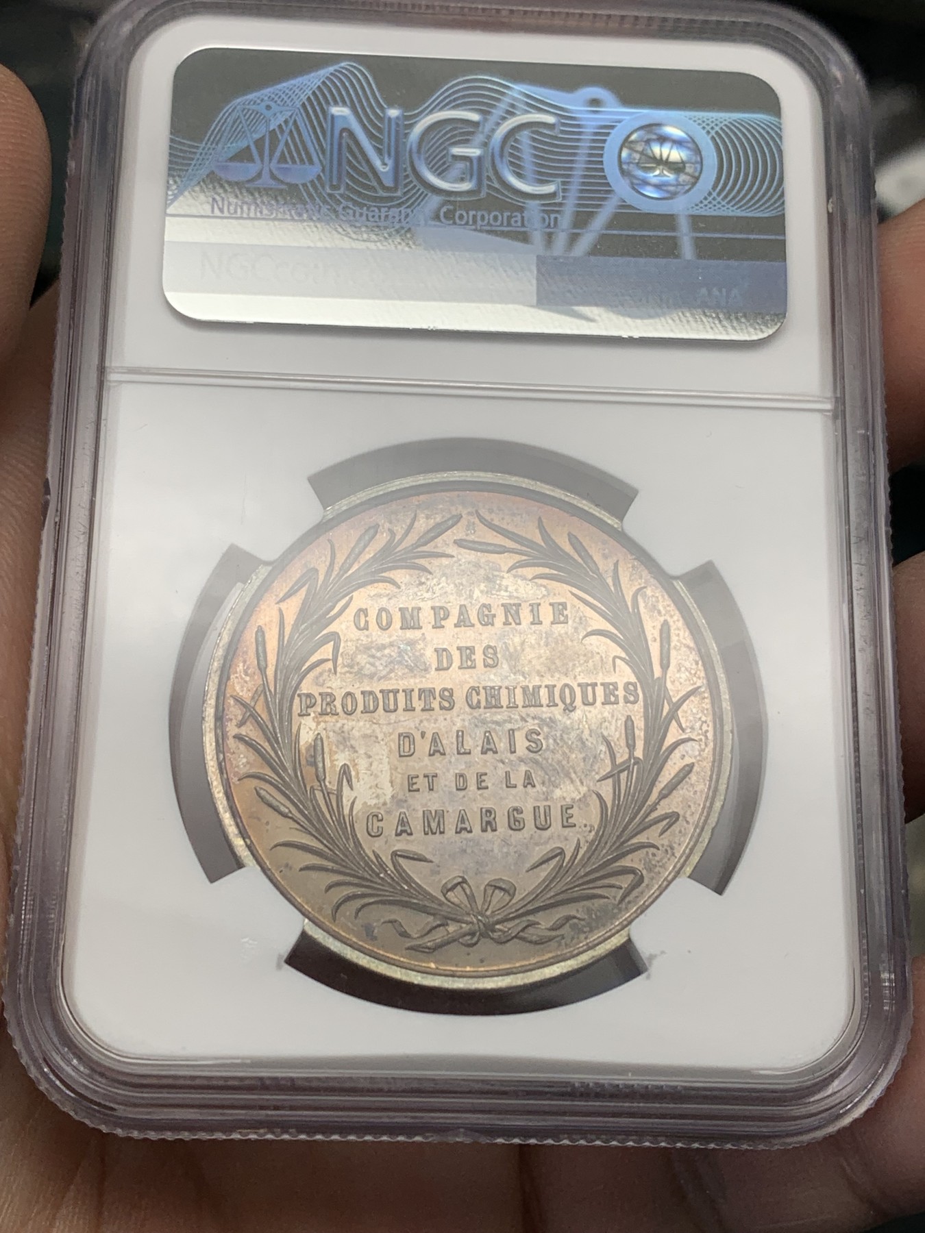 《竞宝斋》第205场-周日，周一 2场 (全场包邮) NGC-MS63/64/64 法国 十九世纪 Alais-Camargue贸易公司银铝铜章三枚 设计漂亮 银章五彩