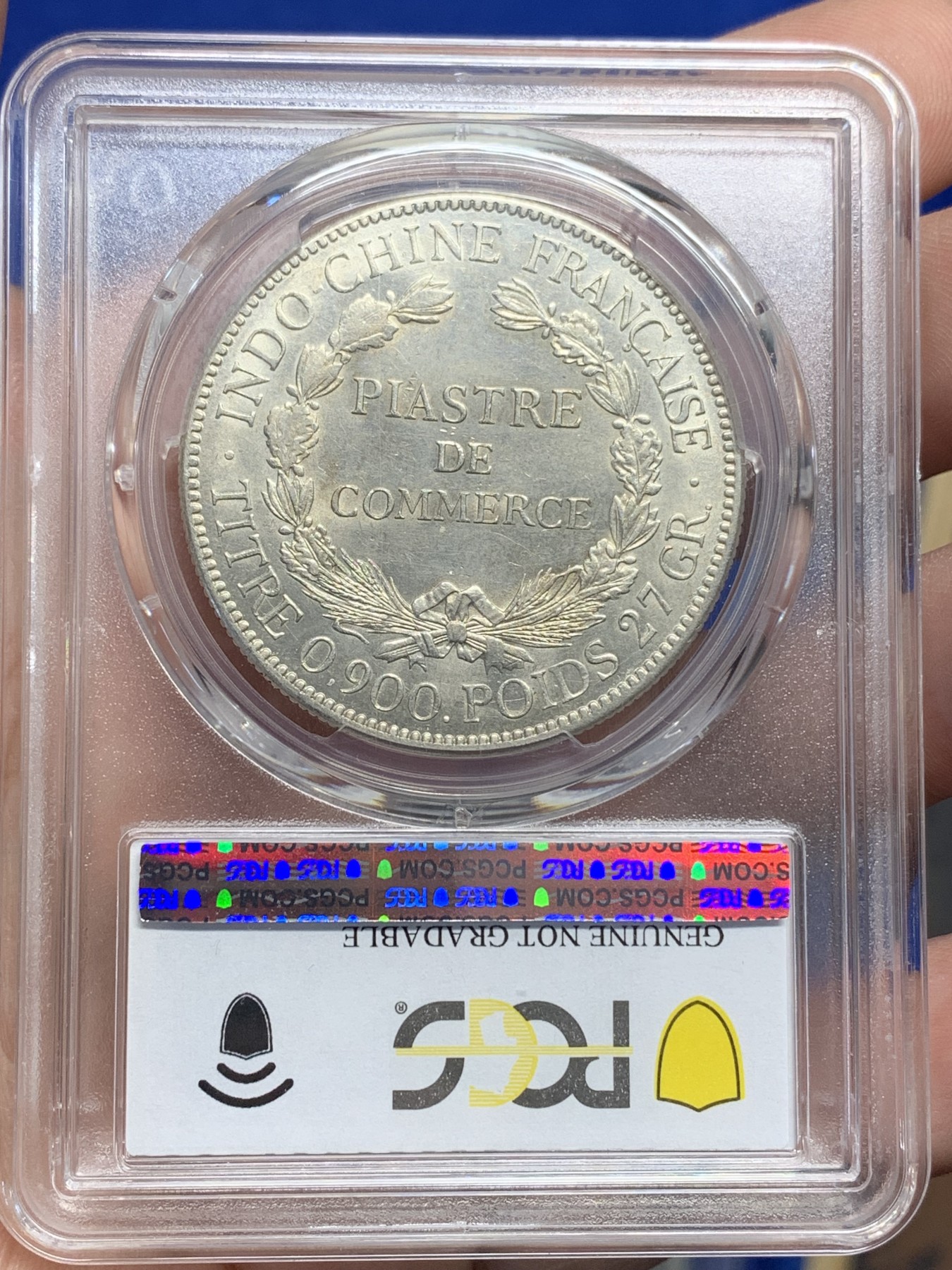 《竞宝斋》第205场-周日，周一 2场 (全场包邮) PCGS-AU 1921年法属印支坐洋银币，无字版，普遍模具弱打的蒙面女神