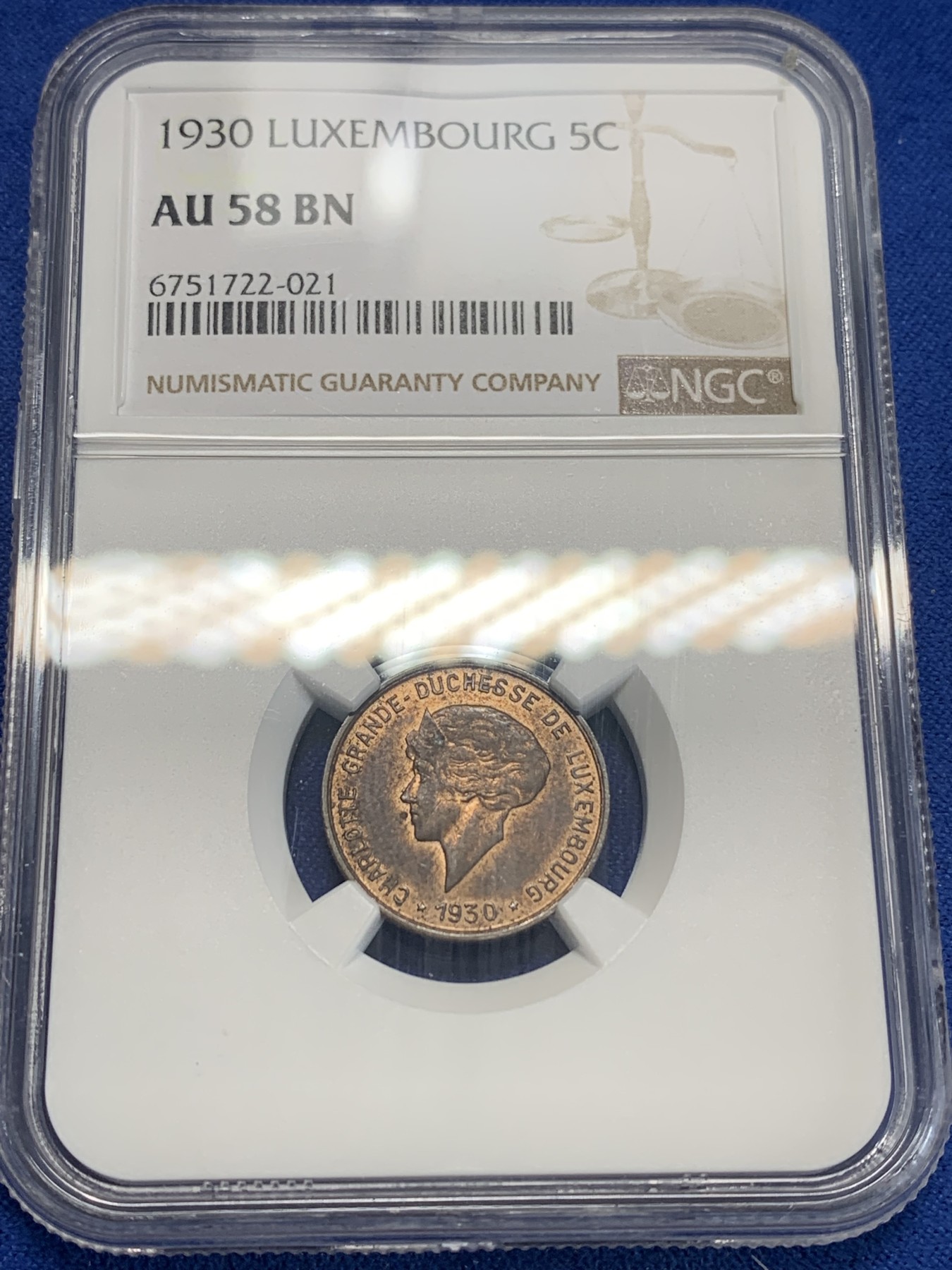 《竞宝斋》第205场-周日，周一 2场 (全场包邮) NGC AU58 1930年卢森堡5C铜币