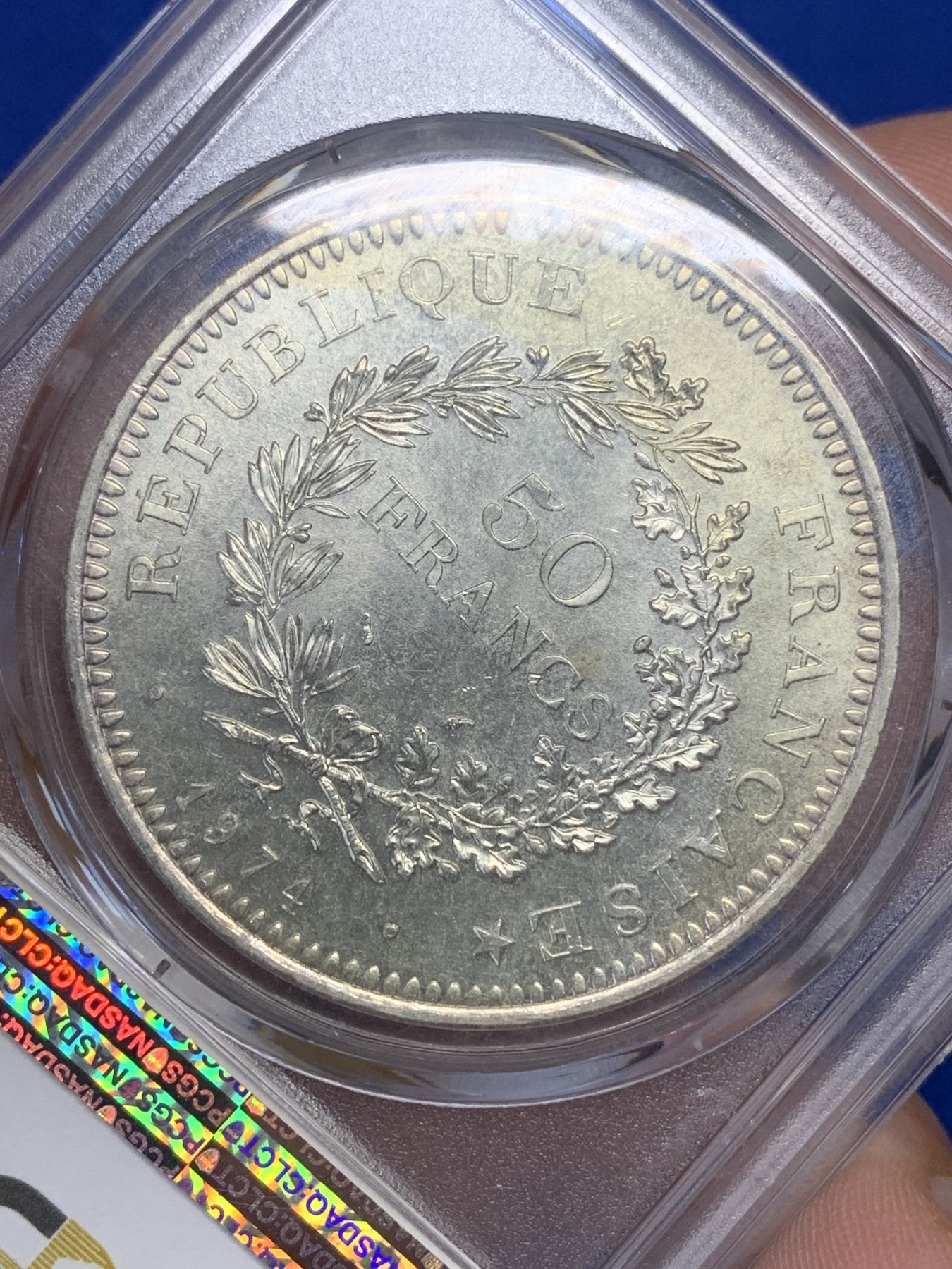 《竞宝斋》第205场-周日，周一 2场 (全场包邮) PCGS MS66 1974年法国大力神50法郎银币 30克首年大银 比10法郎大一圈 状态非常好