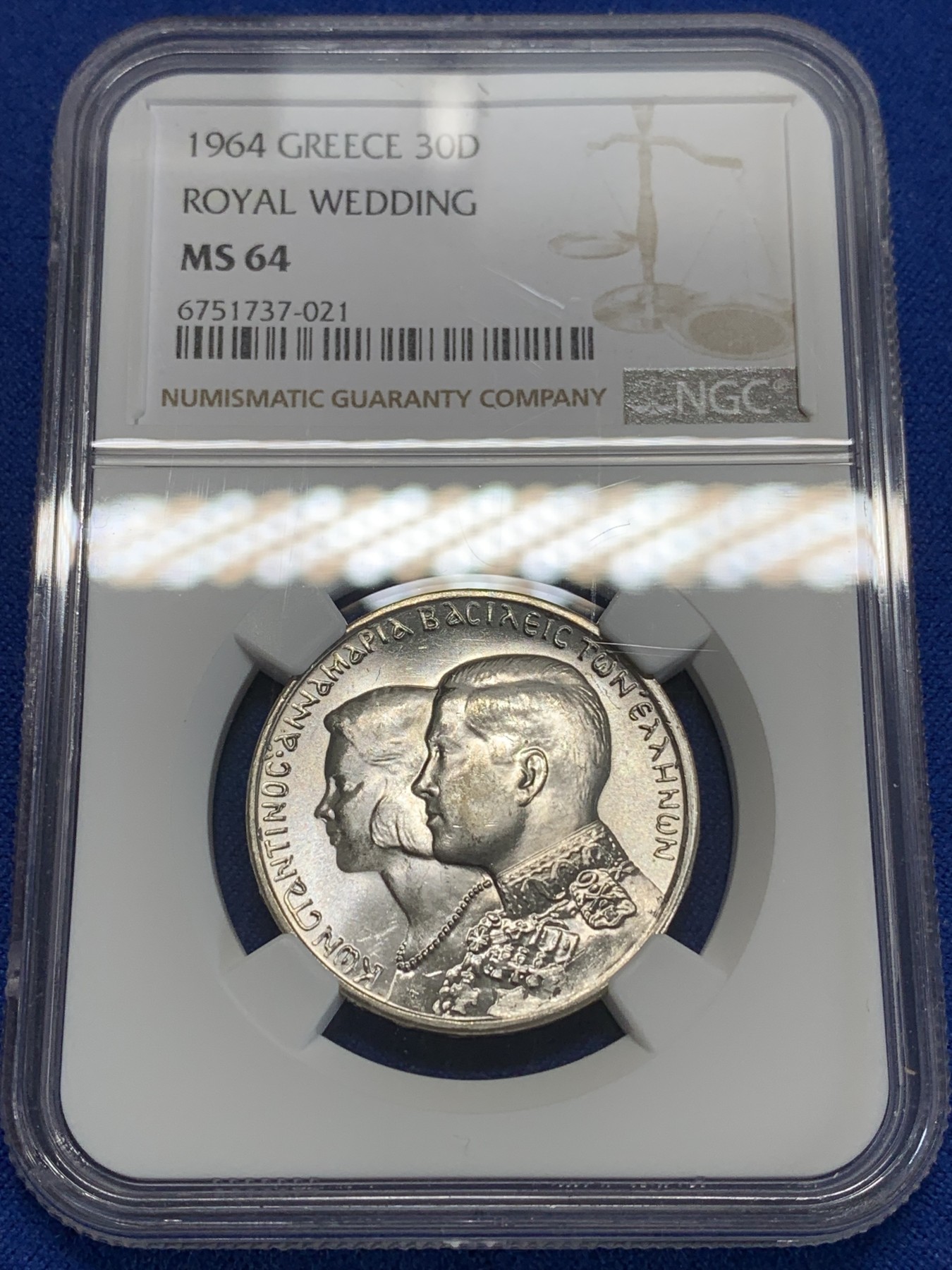 《竞宝斋》第205场-周日，周一 2场 (全场包邮) NGC MS64 希腊1964年康斯坦丁二世30德拉克马银币 拆卷品