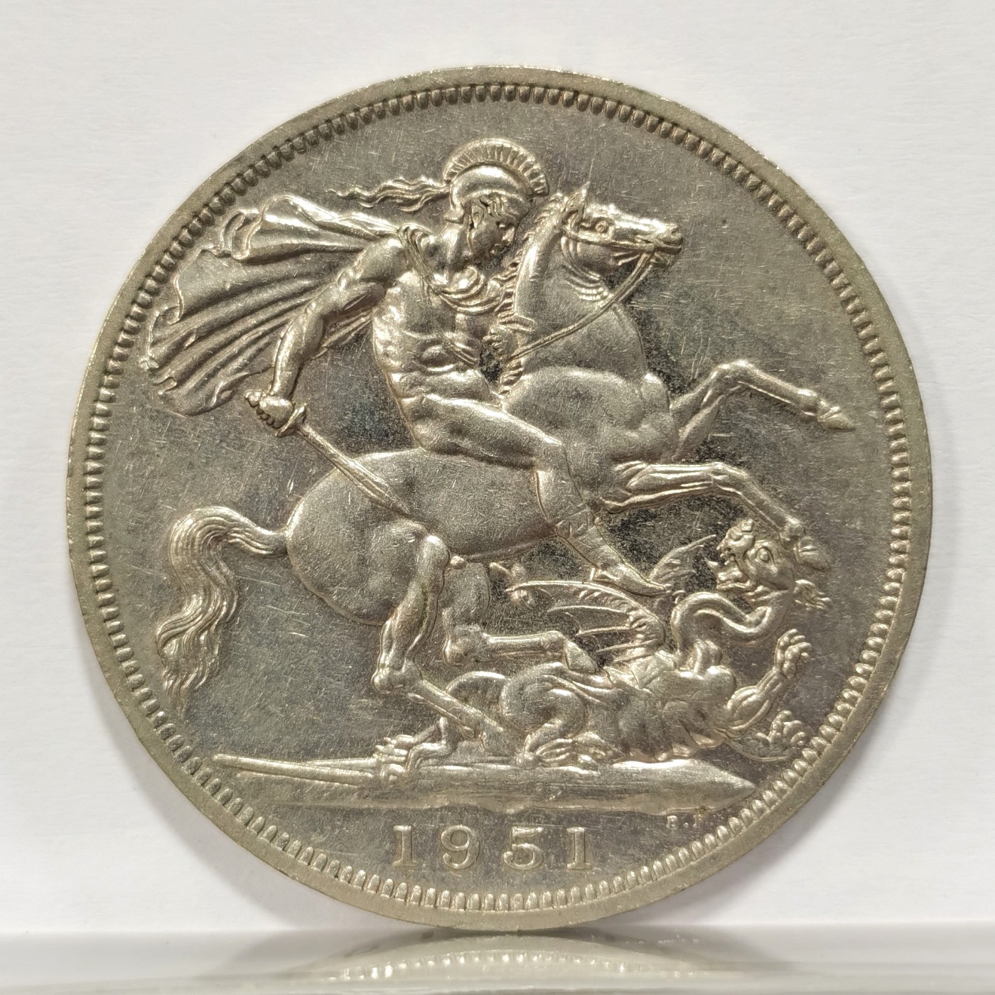 博洋堂世界钱币拍卖第047期（全场包邮） 英国1951年乔治六世马剑克朗镍币，最后的马剑克朗，带红色原盒，底板镜面感强烈