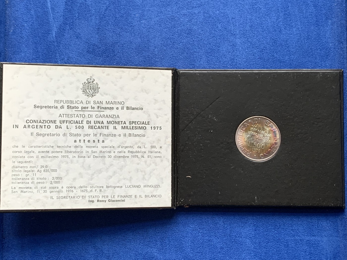 《竞宝斋》第205场-周日，周一 2场 (全场包邮) 卡装 圣马力诺1975年500里拉银币 包浆五彩美品