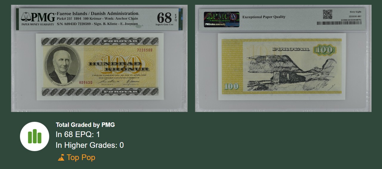 《张总收藏》121期-外币精品荟萃场 法罗群岛1994年100克朗PMG68E唯一冠军分 冠号A0943D 94=1994年 实际号码无4 Pick#21f