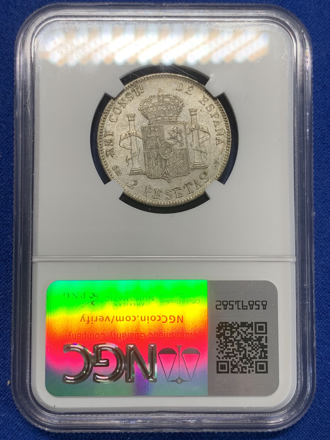 《竞宝斋》第205场-周日，周一 2场 (全场包邮) NGC-AU55 西班牙1905阿方索十三世2比塞塔银币