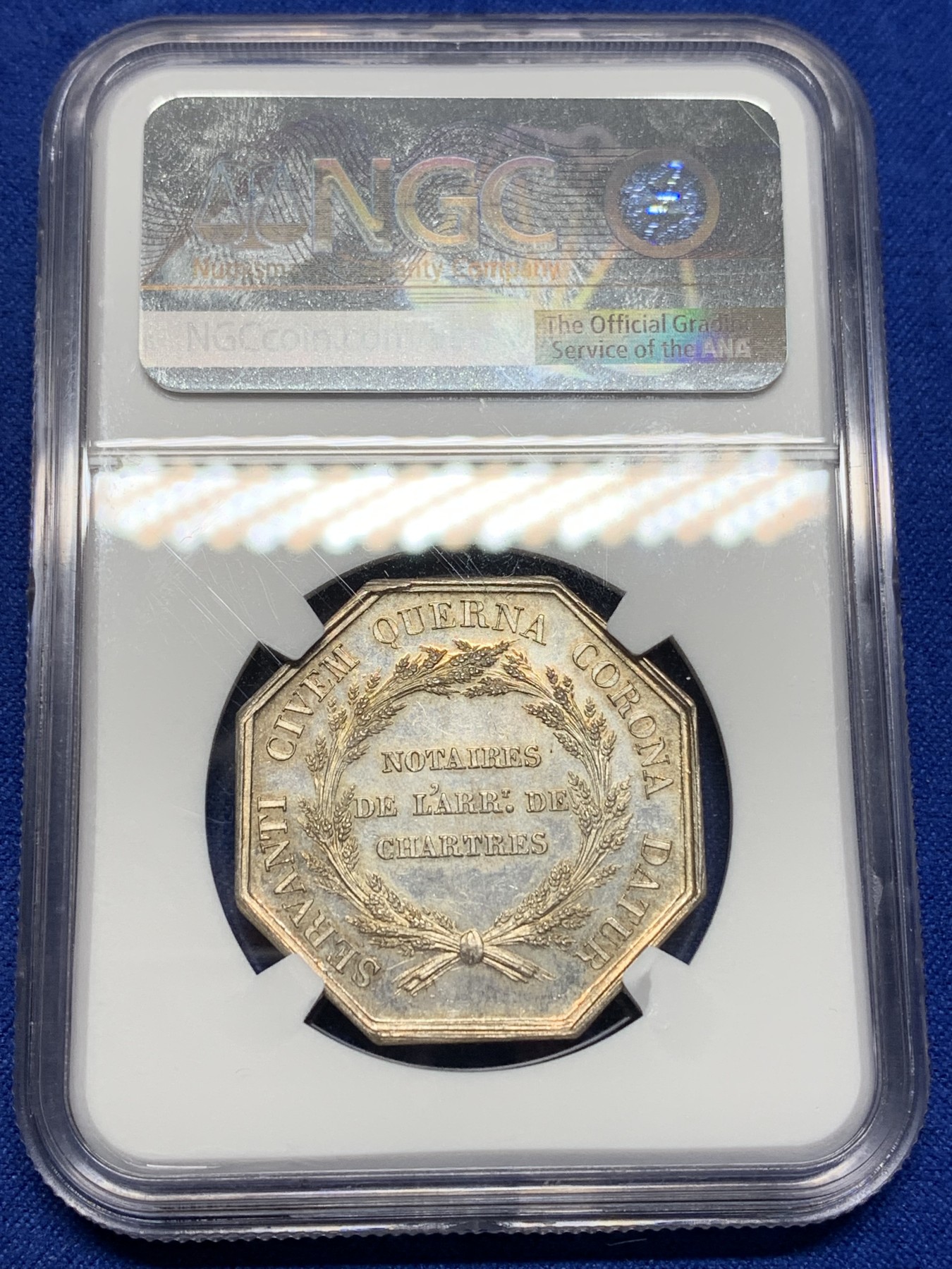 《竞宝斋》第205场-周日，周一 2场 (全场包邮) NGC MS63 法国 特许公证处 银质八角代币 状态好 权威庄严