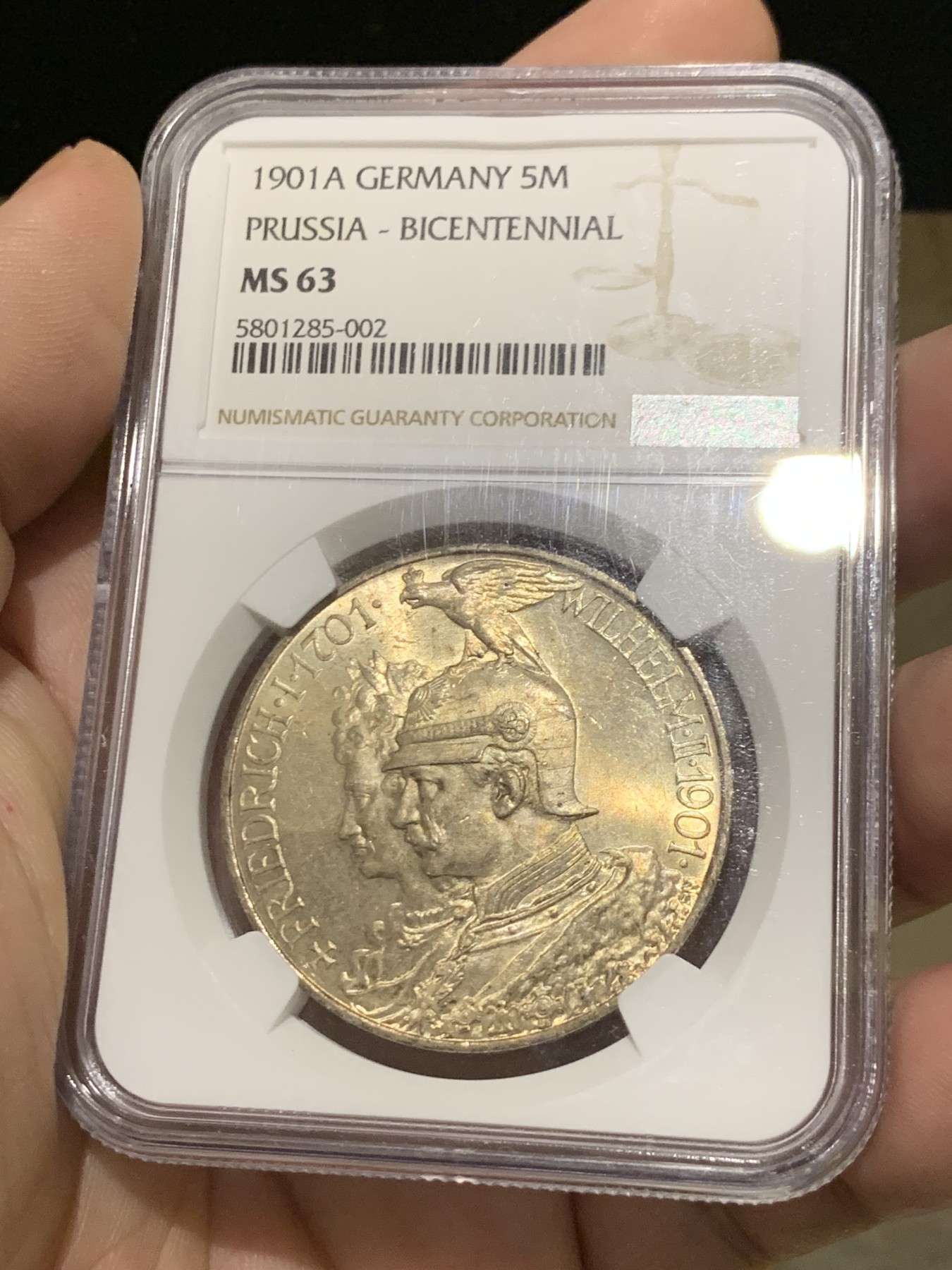 《竞宝斋》第205场-周日，周一 2场 (全场包邮) NGC-MS63 德国1901年普鲁士建国200周年5马克纪念银币 柏林造币厂 金色黄油彩 车轮光 细节饱满