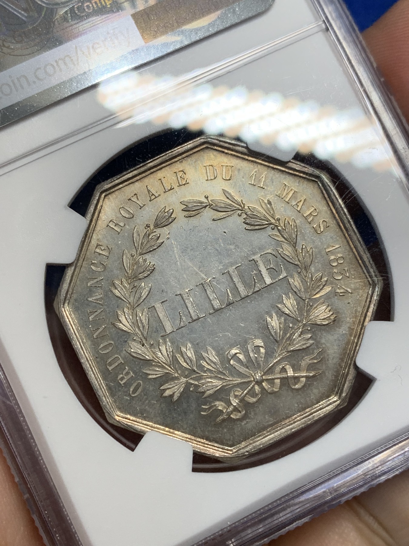 《竞宝斋》第205场-周日，周一 2场 (全场包邮) NGC-MS62 1860年法国里昂储蓄基金八角银质代币，丰饶号角边铭，24克左右的大个头，金色包浆