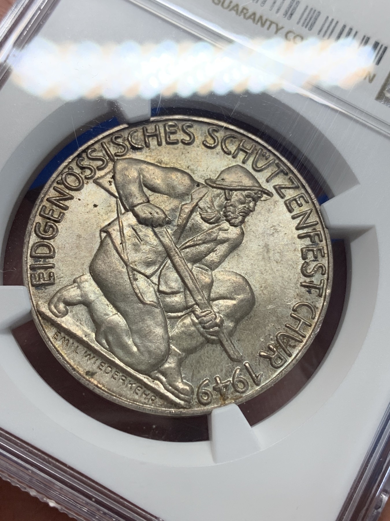 《竞宝斋》第205场-周日，周一 2场 (全场包邮) NGC MS63，瑞士1949年劳宾登射击节银章，总共不到500枚