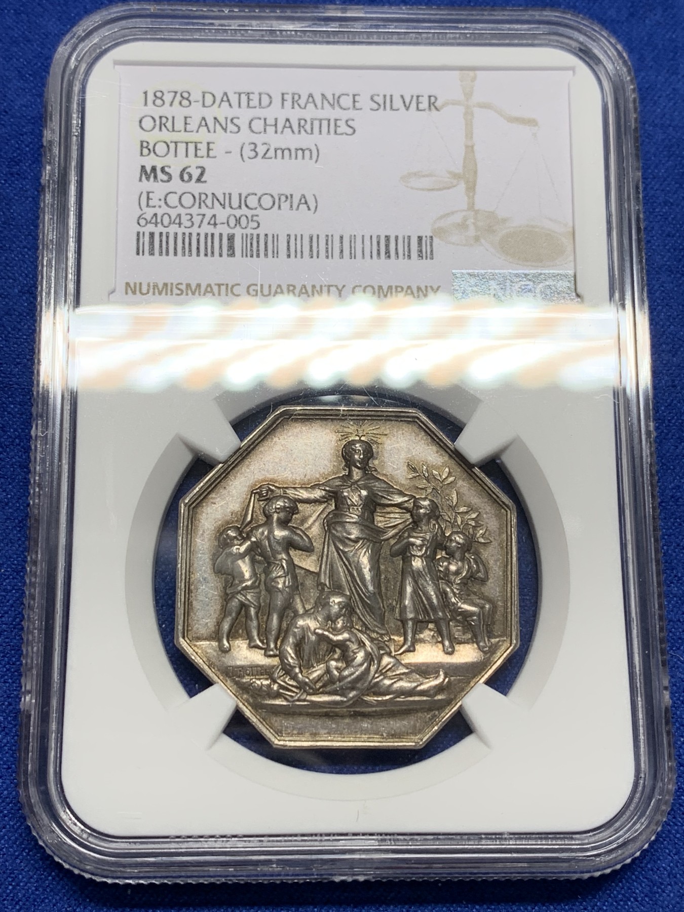 《竞宝斋》第205场-周日，周一 2场 (全场包邮) NGC MS62 法国 1878 奥尔良 慈善会 银质八角代币 细节丰富 极少品种