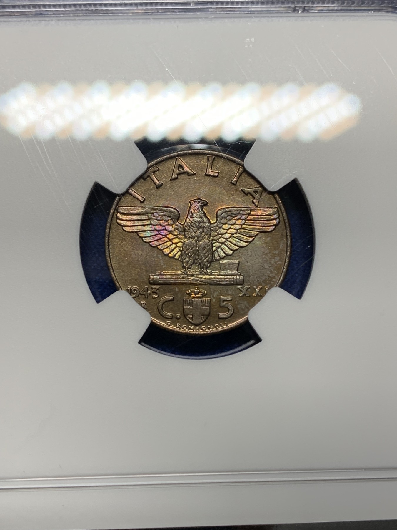 《竞宝斋》第205场-周日，周一 2场 (全场包邮) NGC MS64BN 意大利1943年5分特年 R级难度 鹰面带彩虹包浆