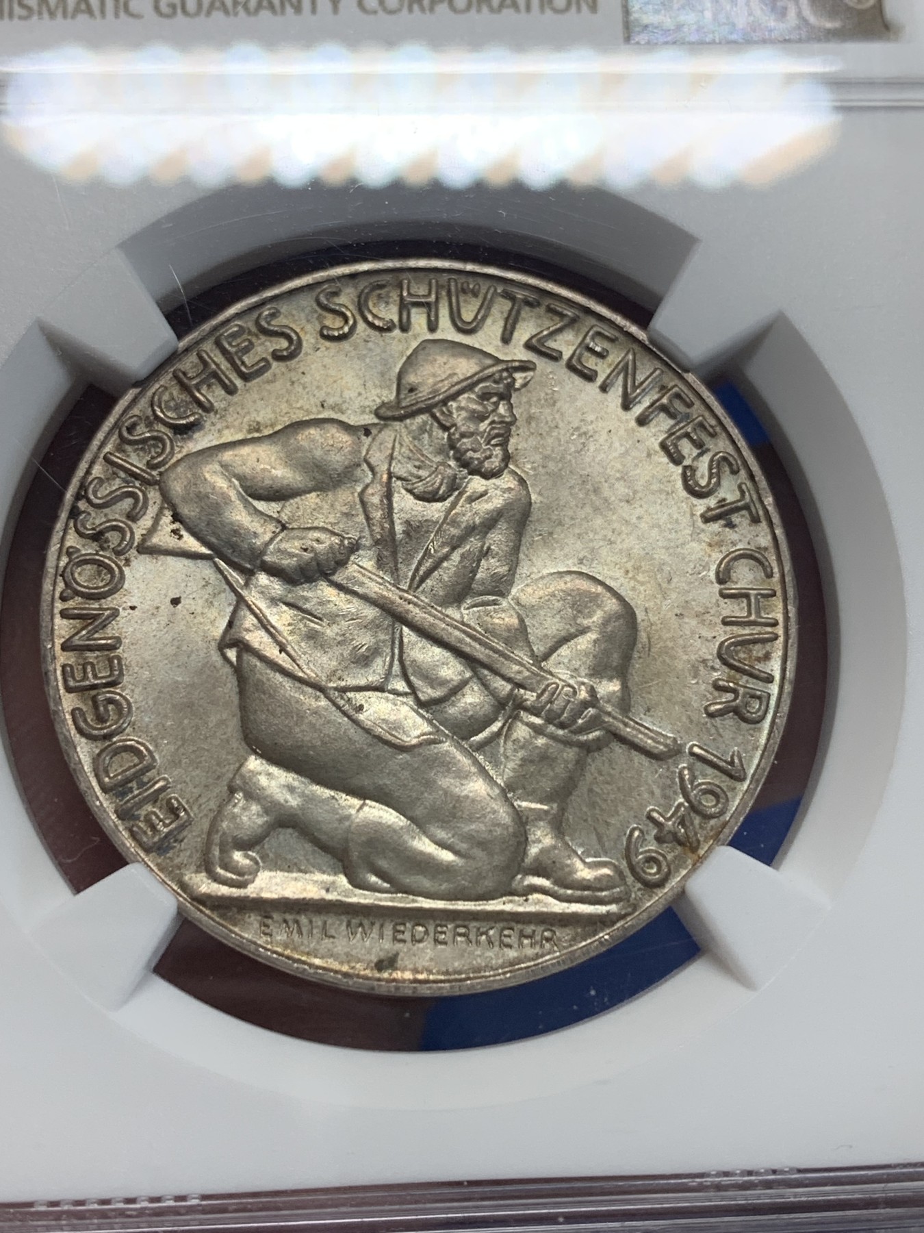 《竞宝斋》第205场-周日，周一 2场 (全场包邮) NGC MS63，瑞士1949年劳宾登射击节银章，总共不到500枚