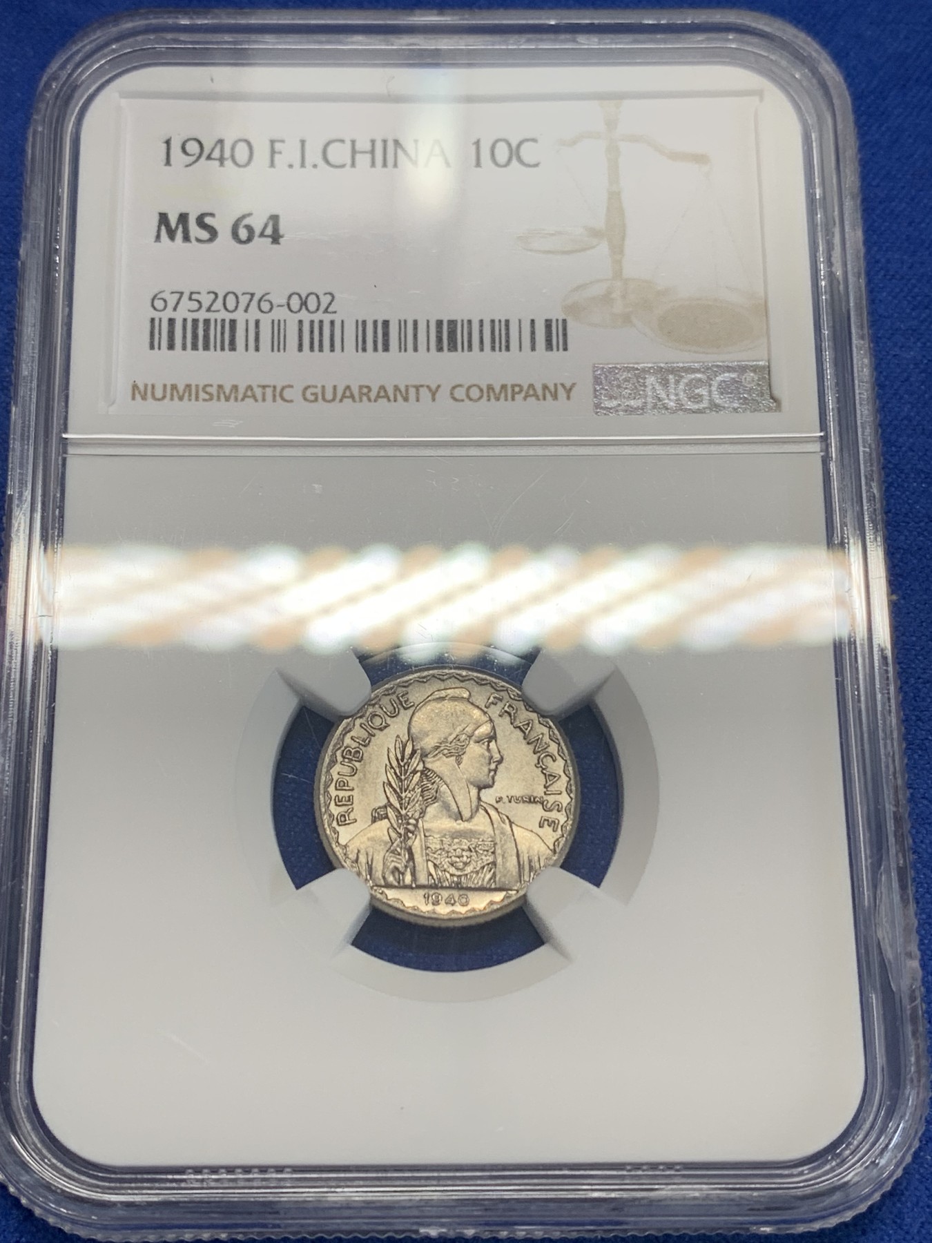 《竞宝斋》第205场-周日，周一 2场 (全场包邮) NGC MS64 法属印支 1940年 10分 高分辅币