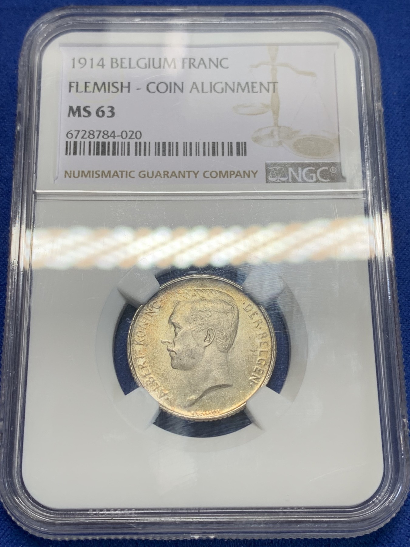 《竞宝斋》第205场-周日，周一 2场 (全场包邮) NGC-MS63 比利时 1914年 阿尔贝托国王 1法郎 银币 黄油彩