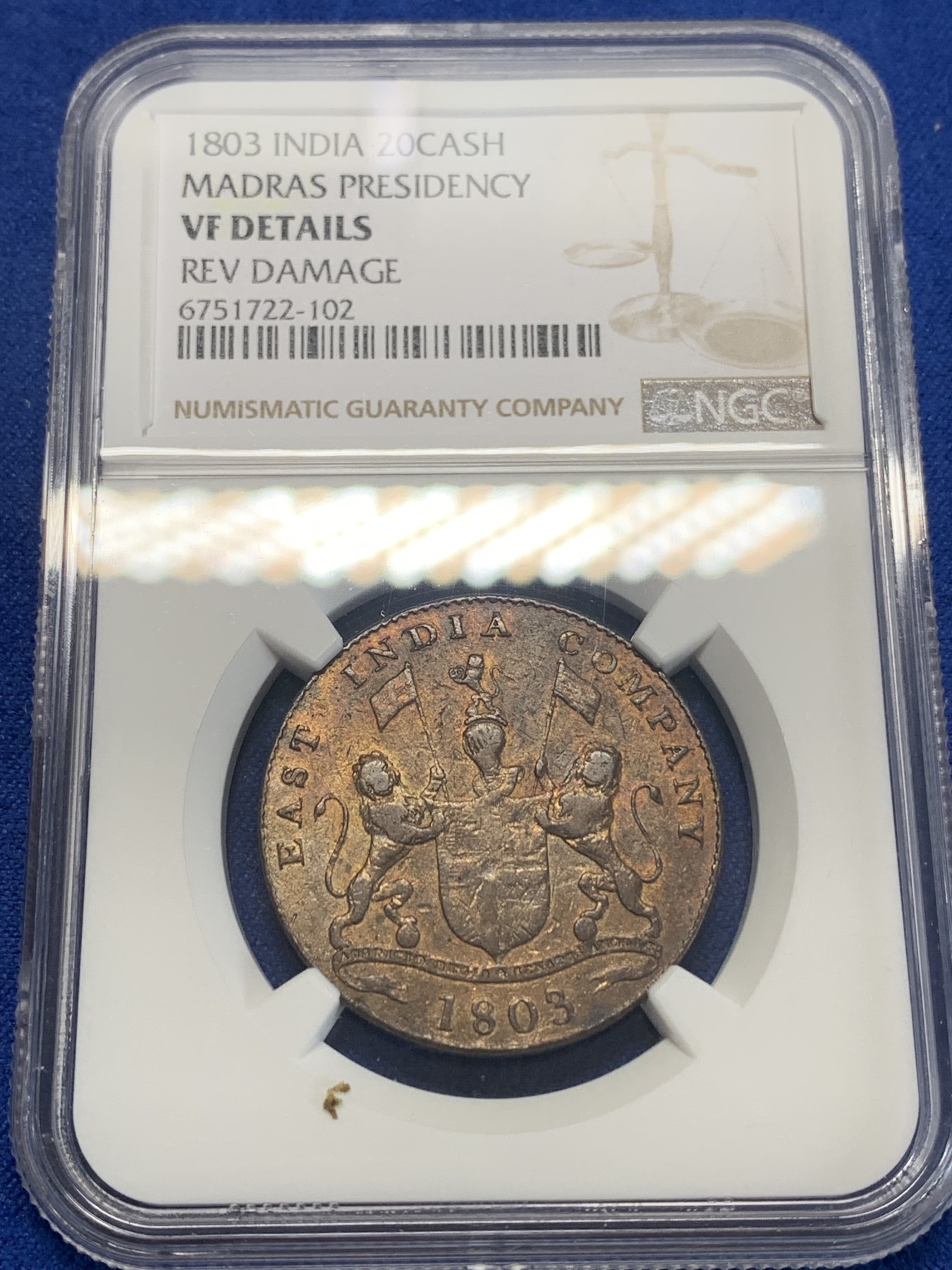 《竞宝斋》第205场-周日，周一 2场 (全场包邮) NGC VFD  1803年英属印度20cash铜币