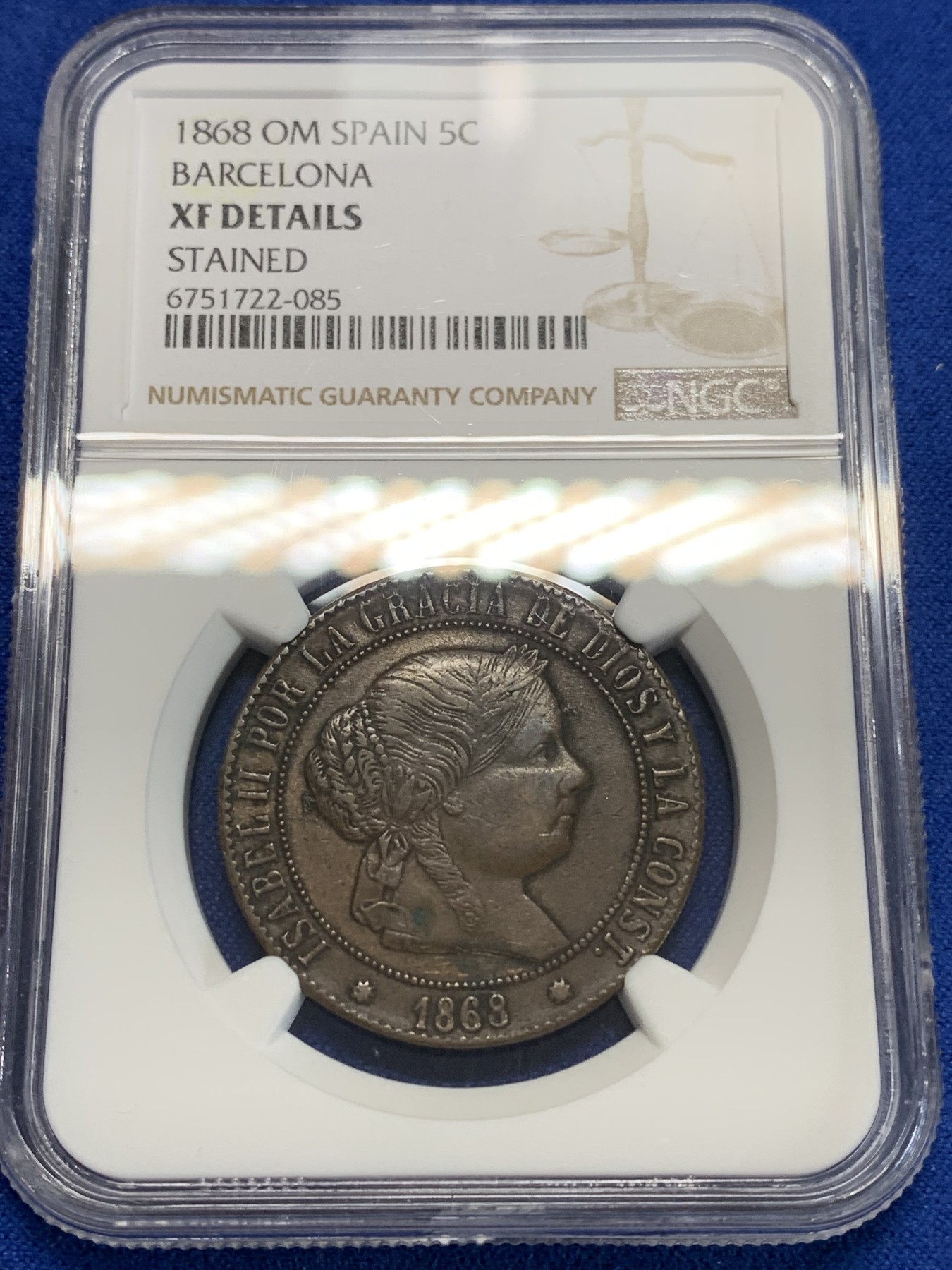 《竞宝斋》第205场-周日，周一 2场 (全场包邮) NGC XFD 1868年西班牙5C铜币 猪头妹大铜币非常少见