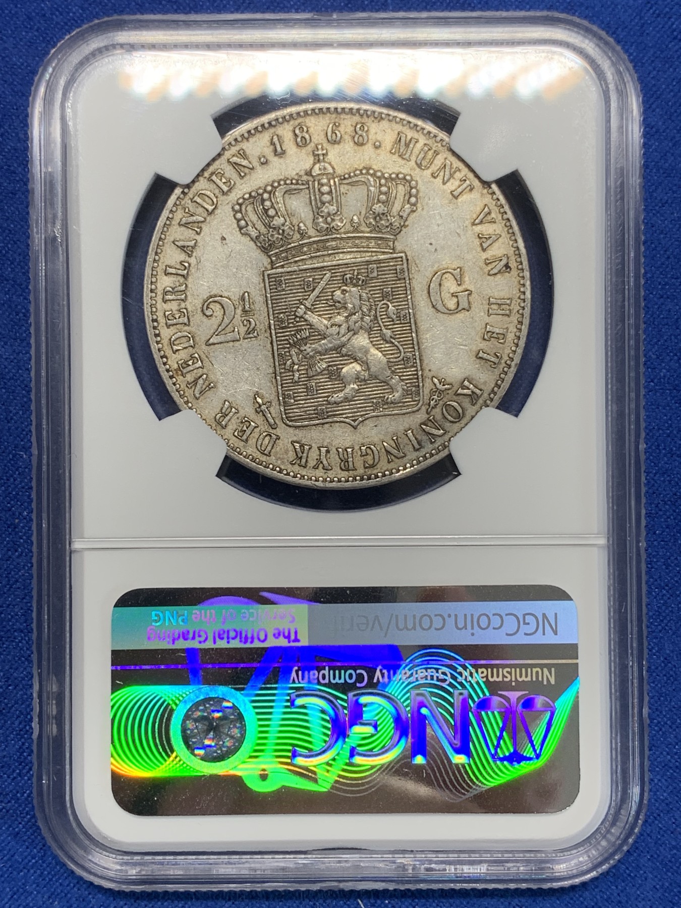 《竞宝斋》第205场-周日，周一 2场 (全场包邮) NGC-AU53 荷兰1868年 威廉三世 2.5盾 大银币 难得出分美品