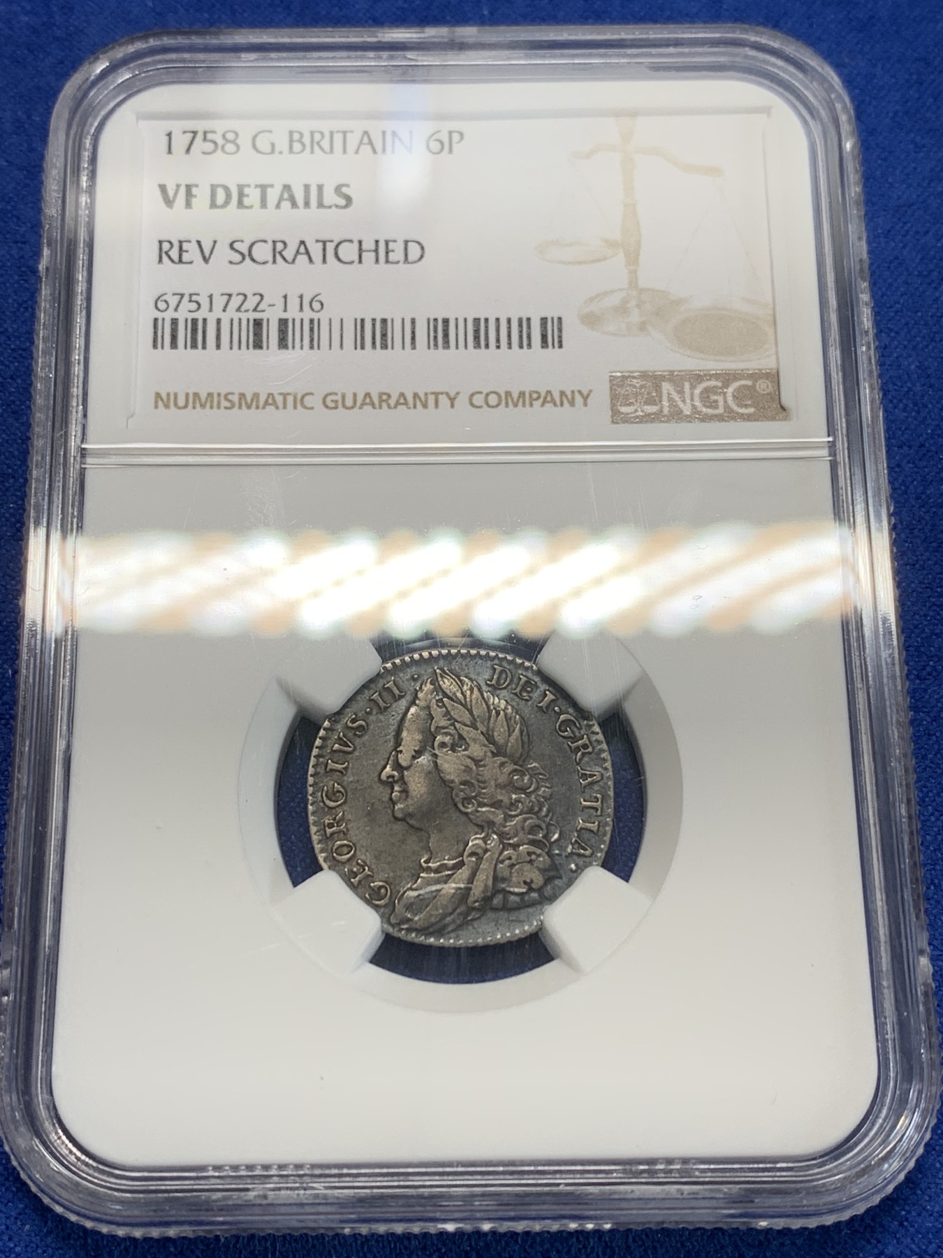 《竞宝斋》第205场-周日，周一 2场 (全场包邮) NGC VFD 英国1758年乔治二世水泡眼6便士银币