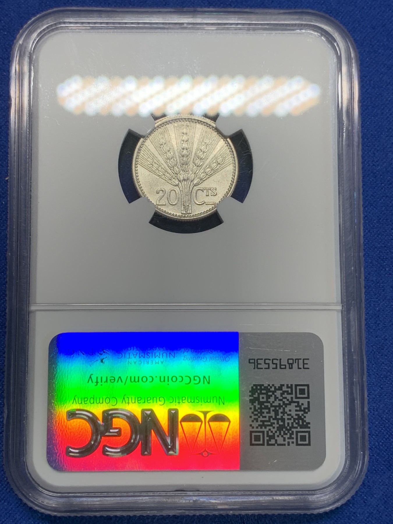 《竞宝斋》第205场-周日，周一 2场 (全场包邮) NGC MS62 乌拉圭1954年20分银币