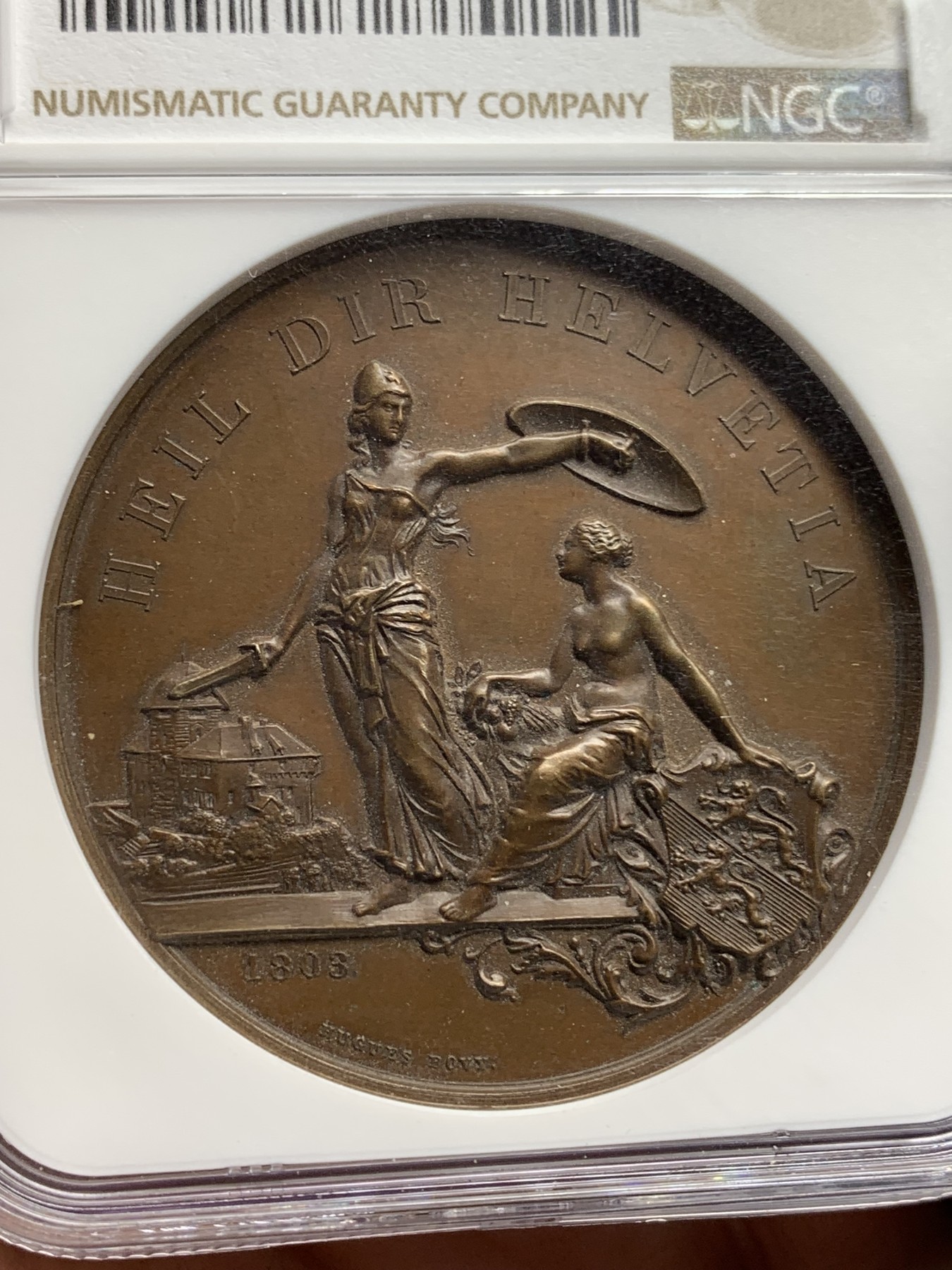 《竞宝斋》第205场-周日，周一 2场 (全场包邮) NGC MS63 1890年瑞士弗劳恩菲尔德射击节 美女与野兽高浮雕铜章 热门经典 细节极好 加厚盒子