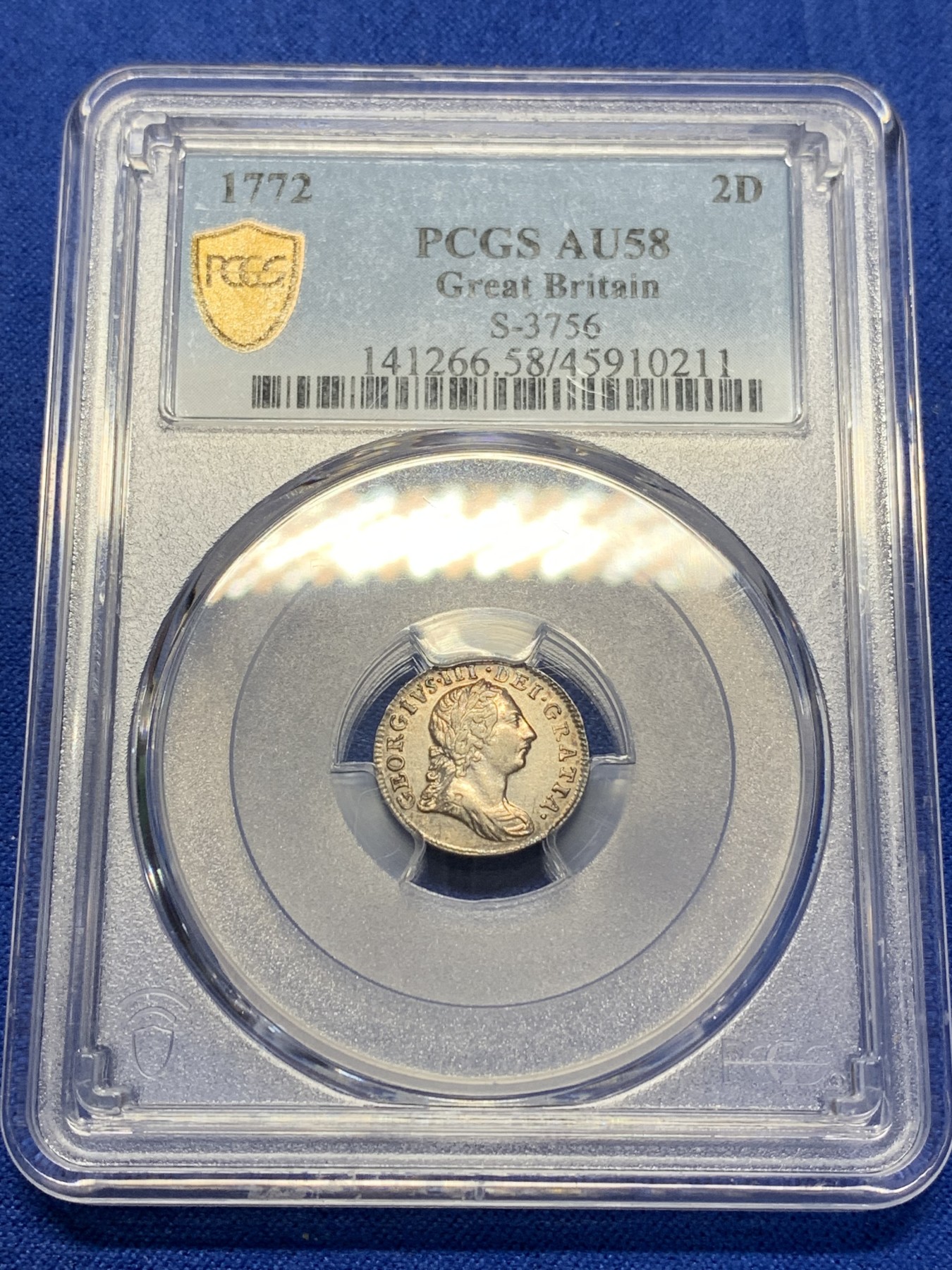 《竞宝斋》第205场-周日，周一 2场 (全场包邮) PCGS AU58 英国1772年乔治三世2便士银币，五彩，细节好